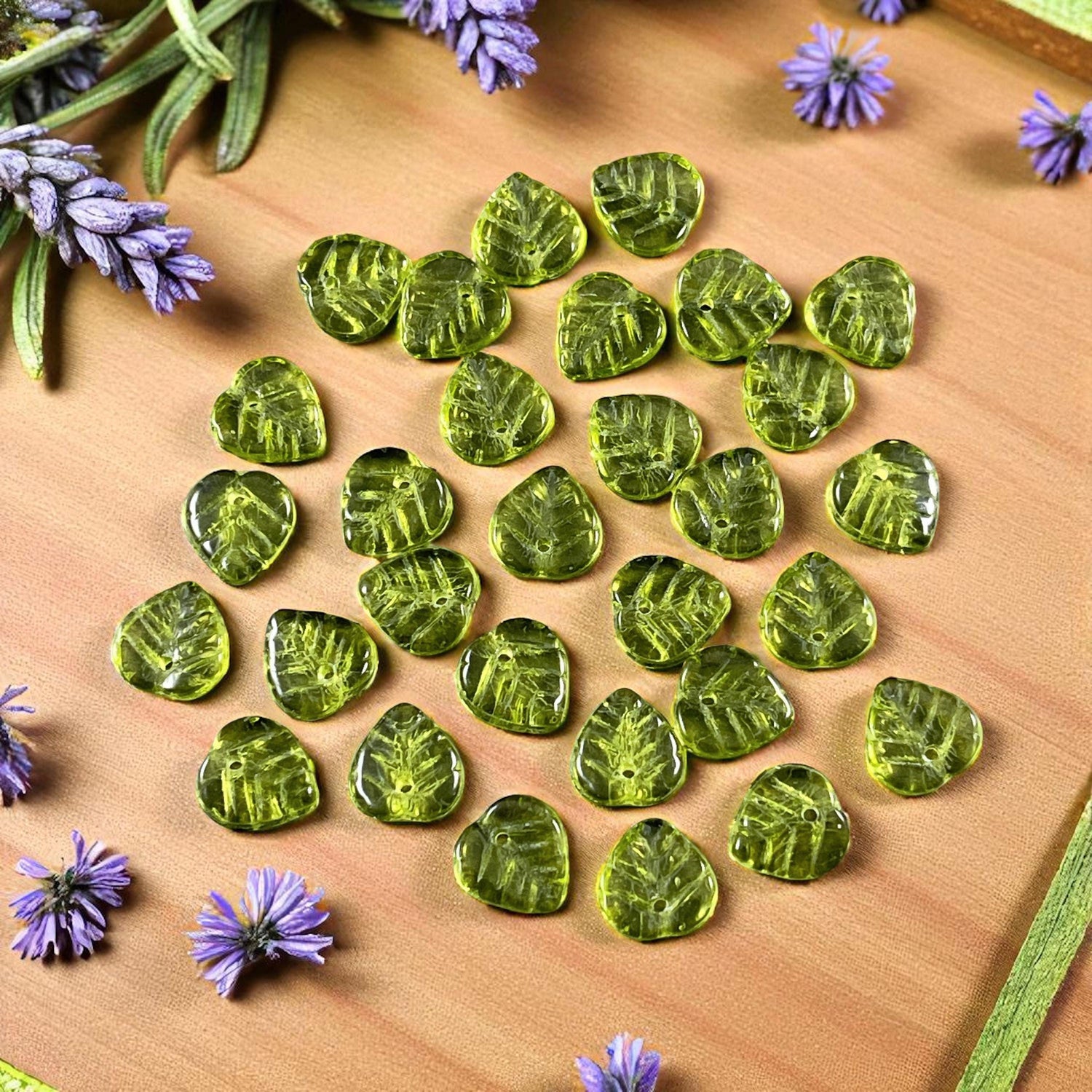 Green Czech Glass Beads, 9mm Top Drilled Olive Green Heart Shaped Beads (2716MD) * Qty. 48