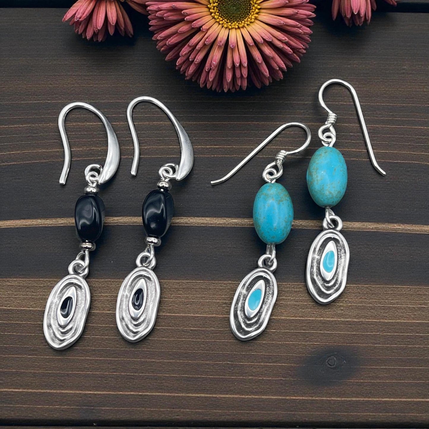 Organic Oval Charm - 18x8mm Oval Drop with Enamel Center, Antiqued Silver and Turquoise Earring Drop (PF/15313-72-0299) * Qty. 4