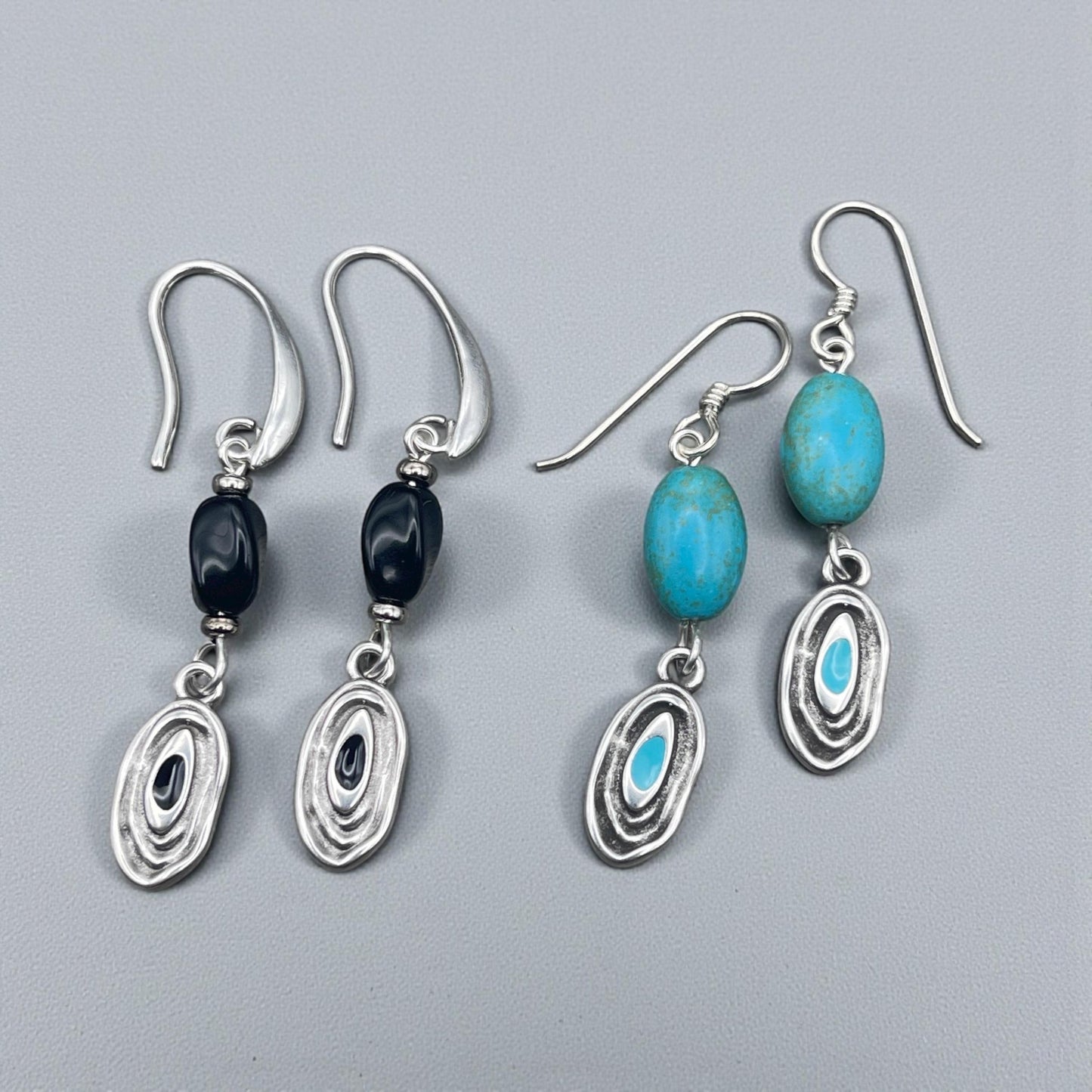Organic Oval Charm - 18x8mm Oval Drop with Enamel Center, Antiqued Silver and Black Earring Drop (PF/15313-72-0222) * Qty. 4