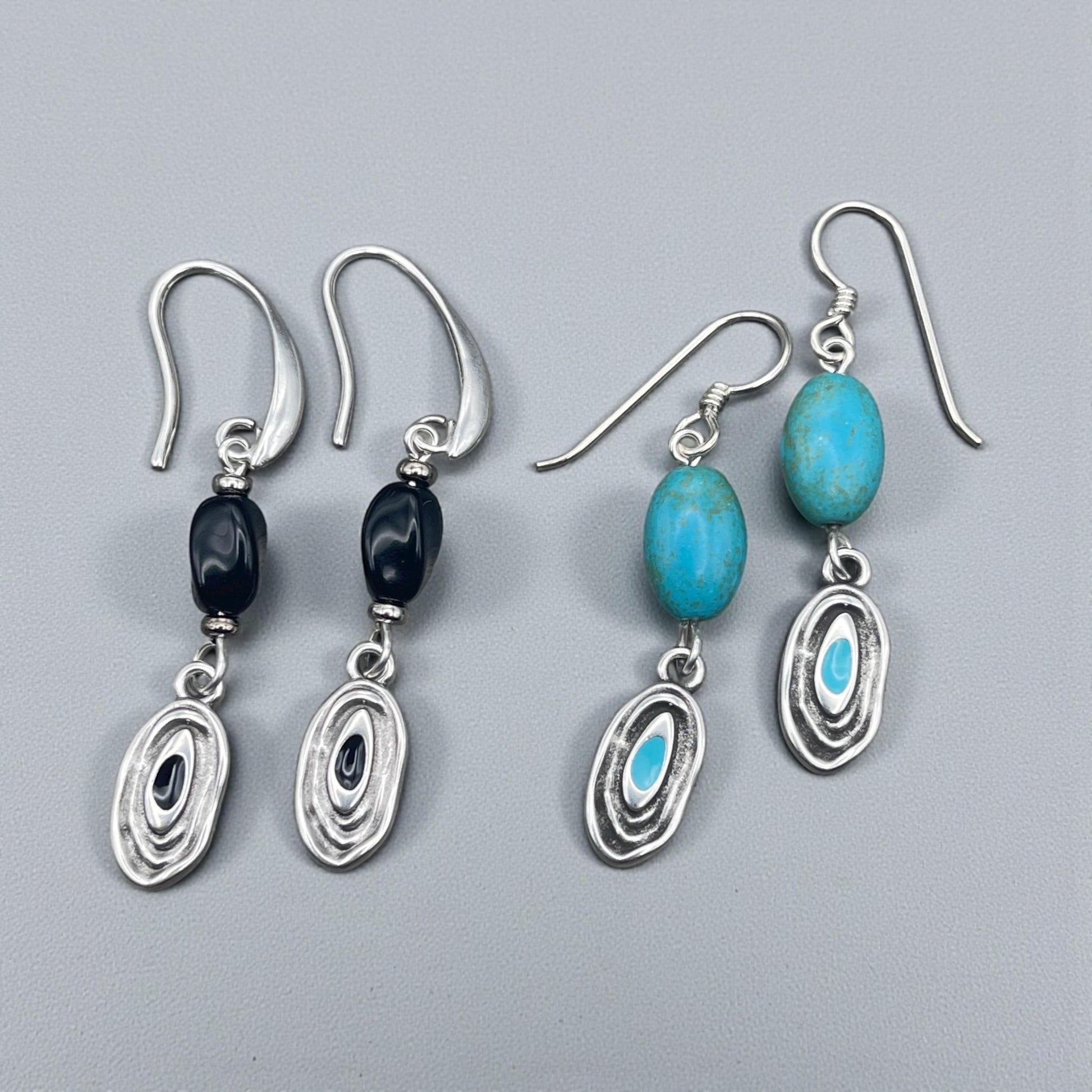 Organic Oval Charm - 18x8mm Oval Drop with Enamel Center, Antiqued Silver and Black Earring Drop (PF/15313-72-0222) * Qty. 4