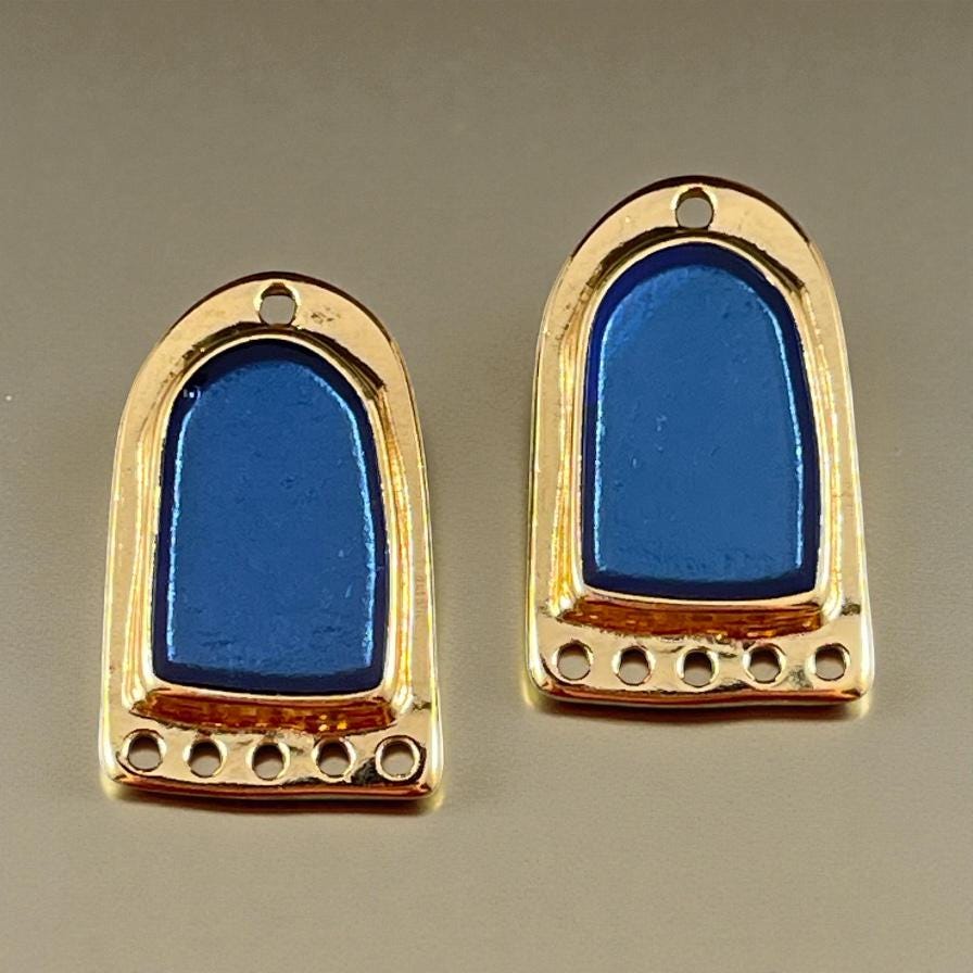 Gold and Pacific Blue Chandelier Drop, 24k Gold Plated Connector/Pendant/Charm with Blue Enamel Inlay (PF/15294-13-0538) * Qty. 2