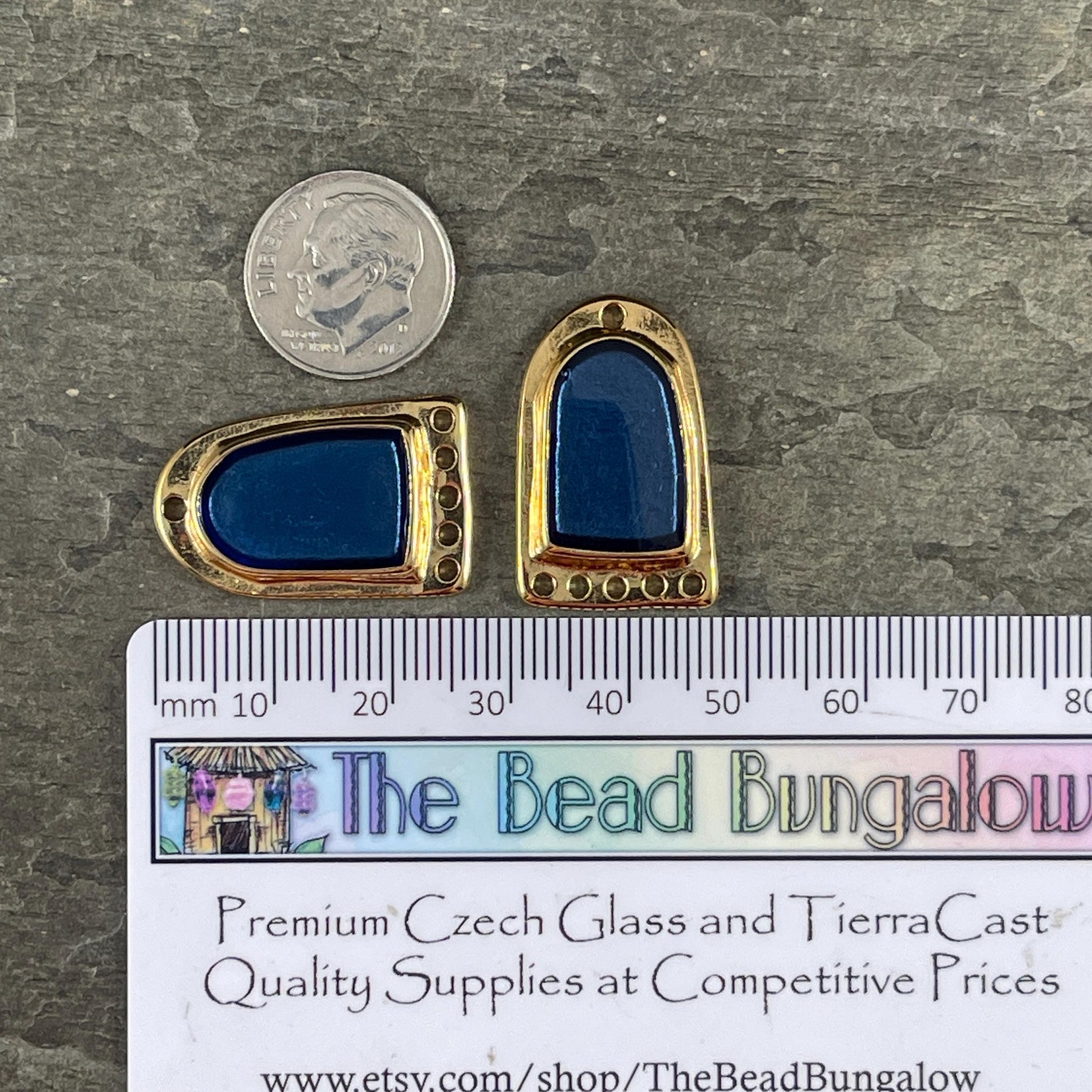 Gold and Pacific Blue Chandelier Drop, 24k Gold Plated Connector/Pendant/Charm with Blue Enamel Inlay (PF/15294-13-0538) * Qty. 2