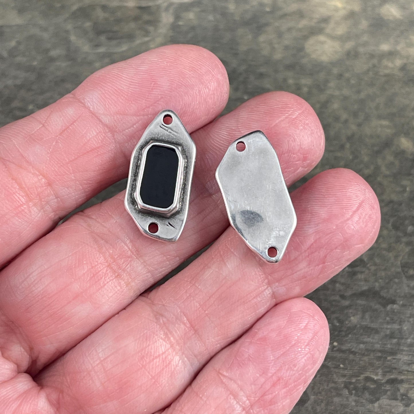 Silver and Black Connector, Antiqued Silver Plated Link with Black Enamel Inlay (PF/15296-72-0565) * Qty. 4