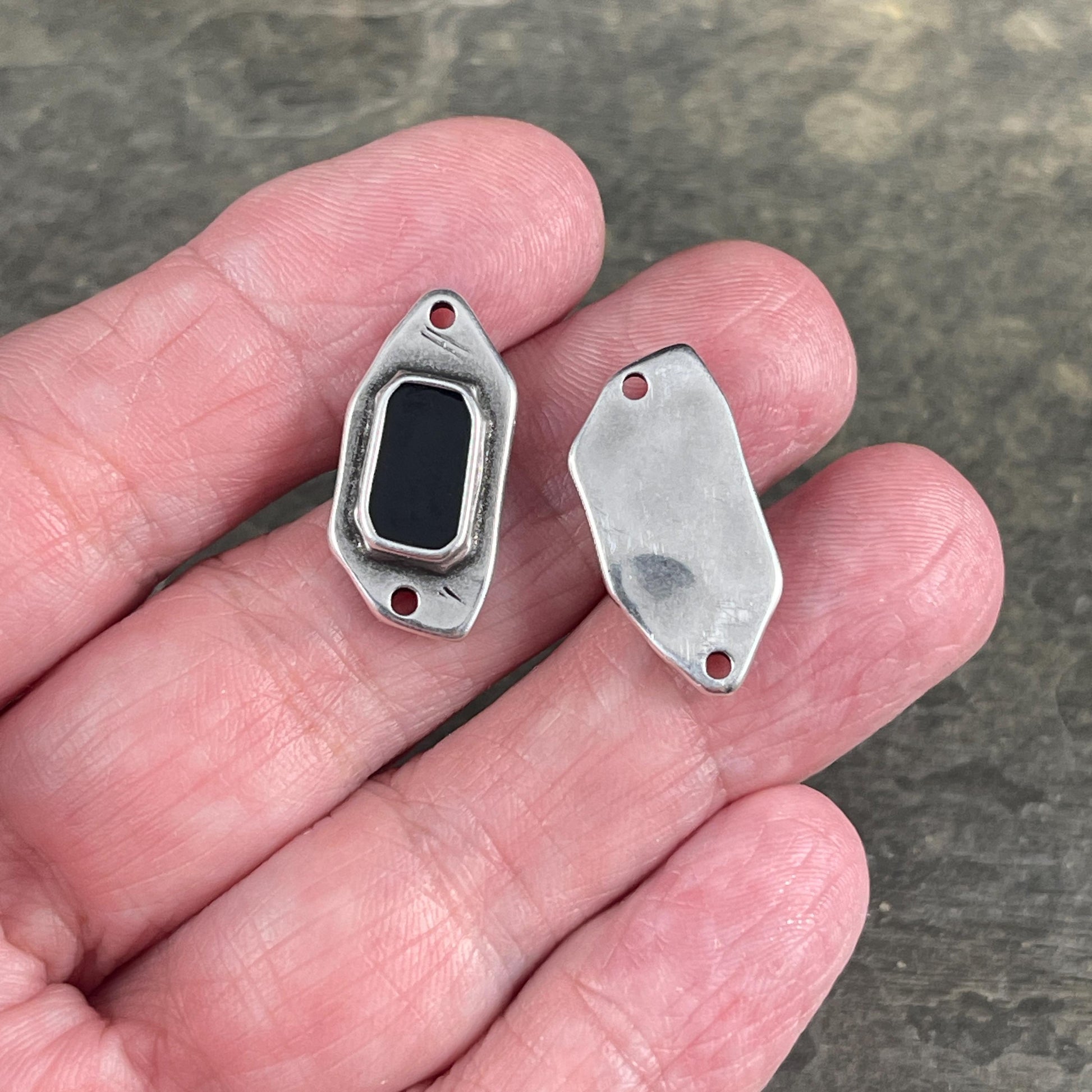 Silver and Black Connector, Antiqued Silver Plated Link with Black Enamel Inlay (PF/15296-72-0565) * Qty. 4