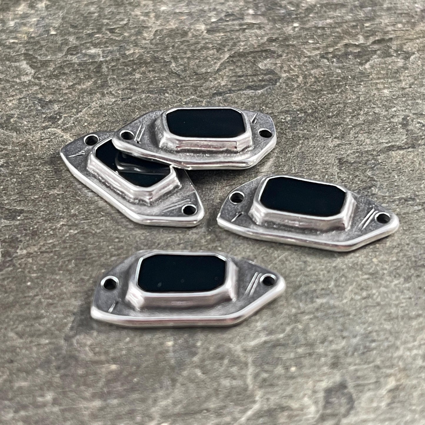 Silver and Black Connector, Antiqued Silver Plated Link with Black Enamel Inlay (PF/15296-72-0565) * Qty. 4