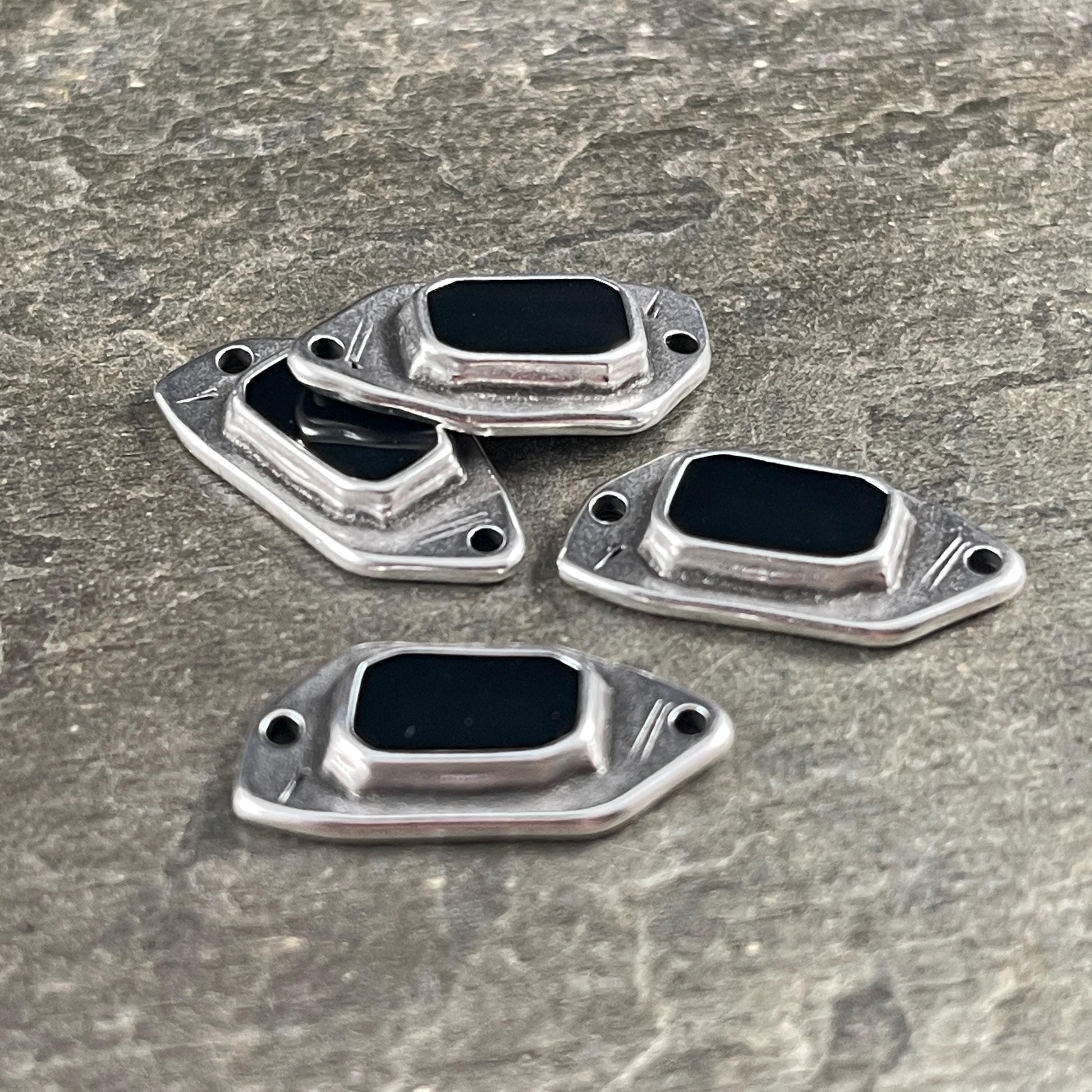 Silver and Black Connector, Antiqued Silver Plated Link with Black Enamel Inlay (PF/15296-72-0565) * Qty. 4