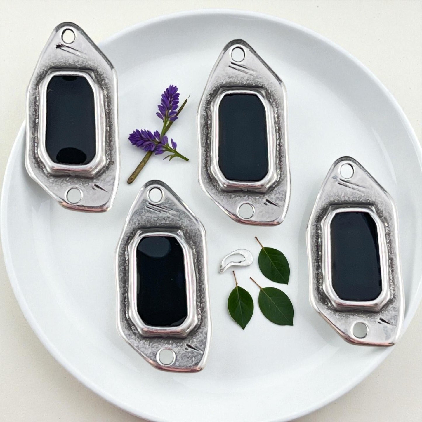 Silver and Black Connector, Antiqued Silver Plated Link with Black Enamel Inlay (PF/15296-72-0565) * Qty. 4
