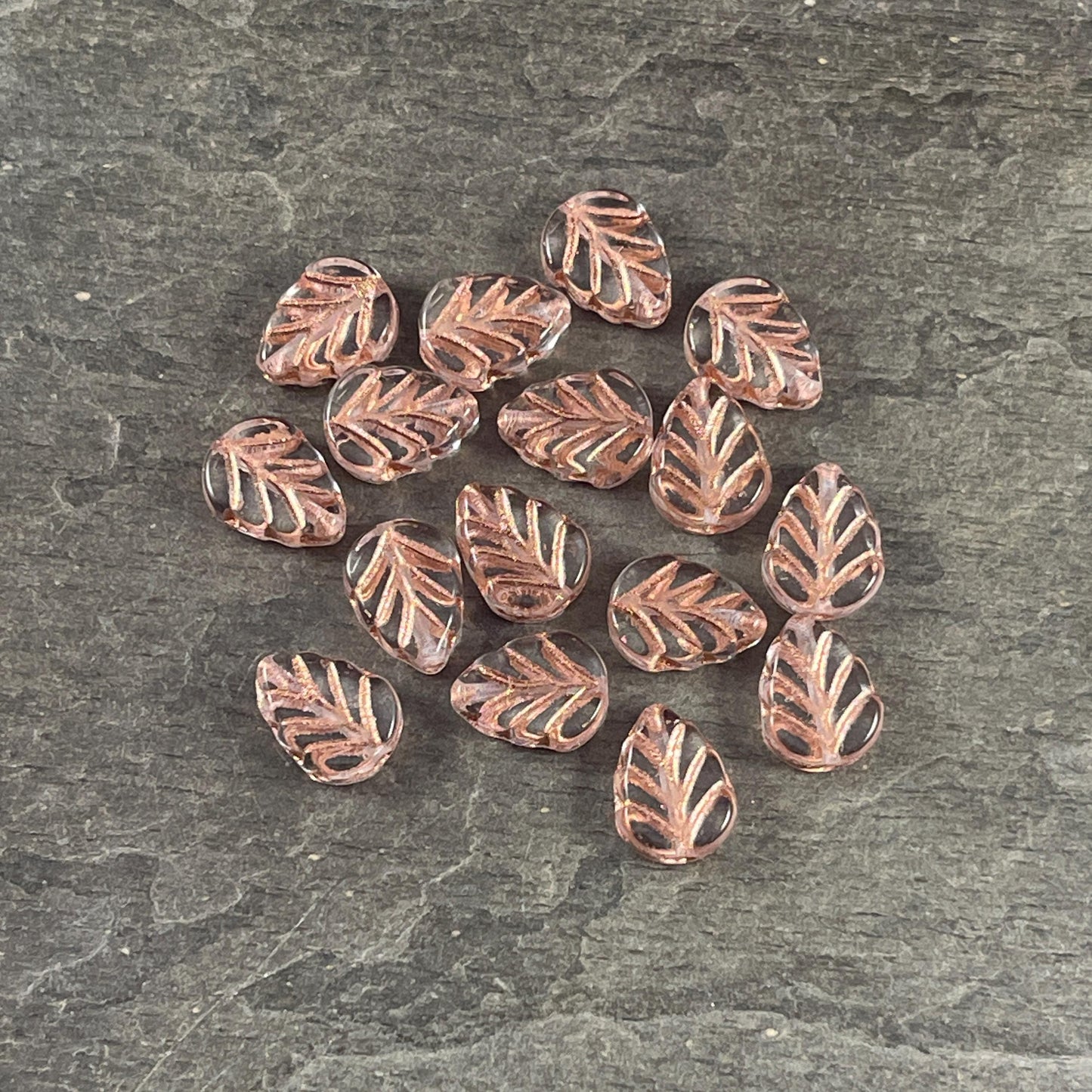 Czech Glass Beads - Transparent Clear Glass Leaf with Copper Wash, Mint Leaf, 10x8mm Birch Leaf (Mint27) * Qty. 16