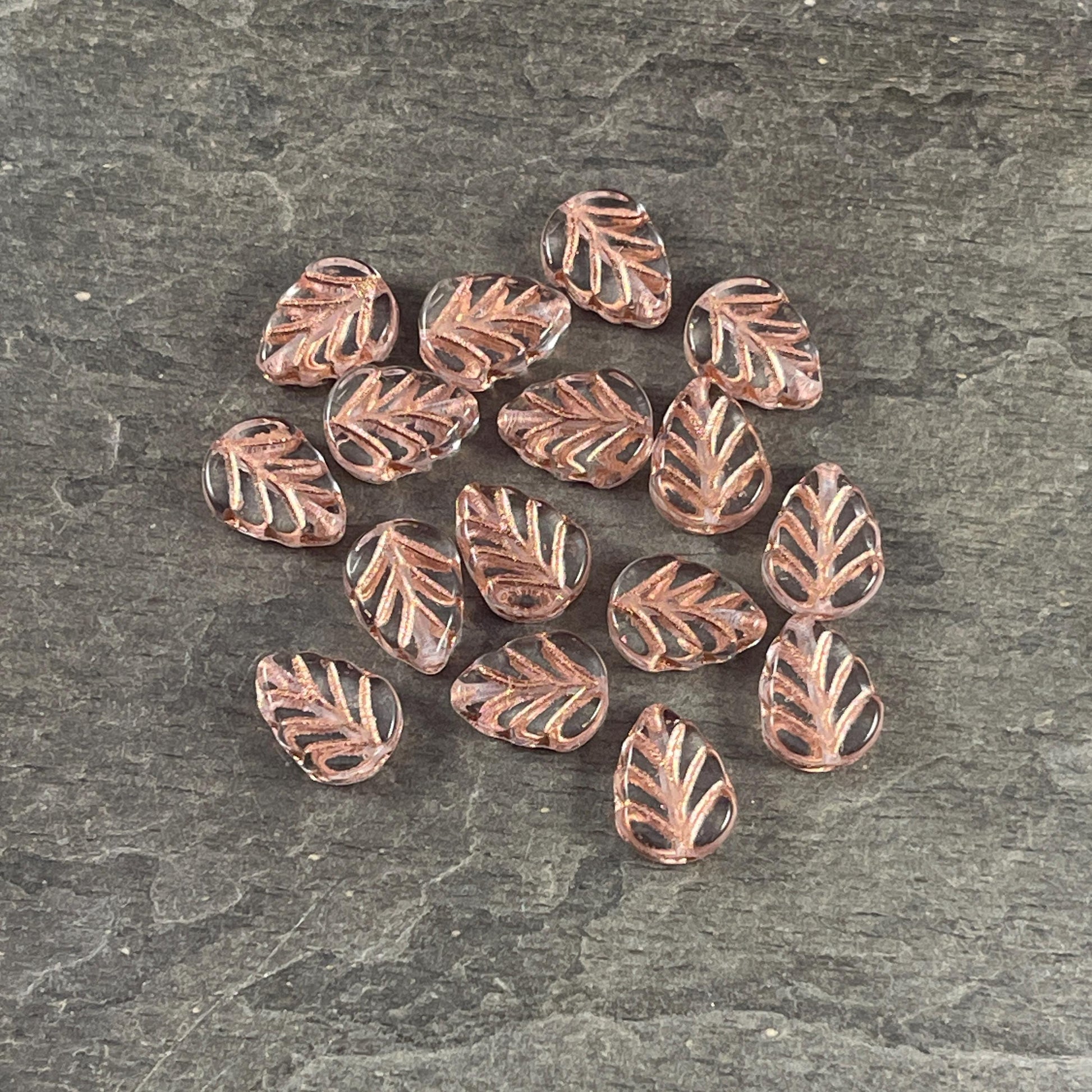 Czech Glass Beads - Transparent Clear Glass Leaf with Copper Wash, Mint Leaf, 10x8mm Birch Leaf (Mint27) * Qty. 16
