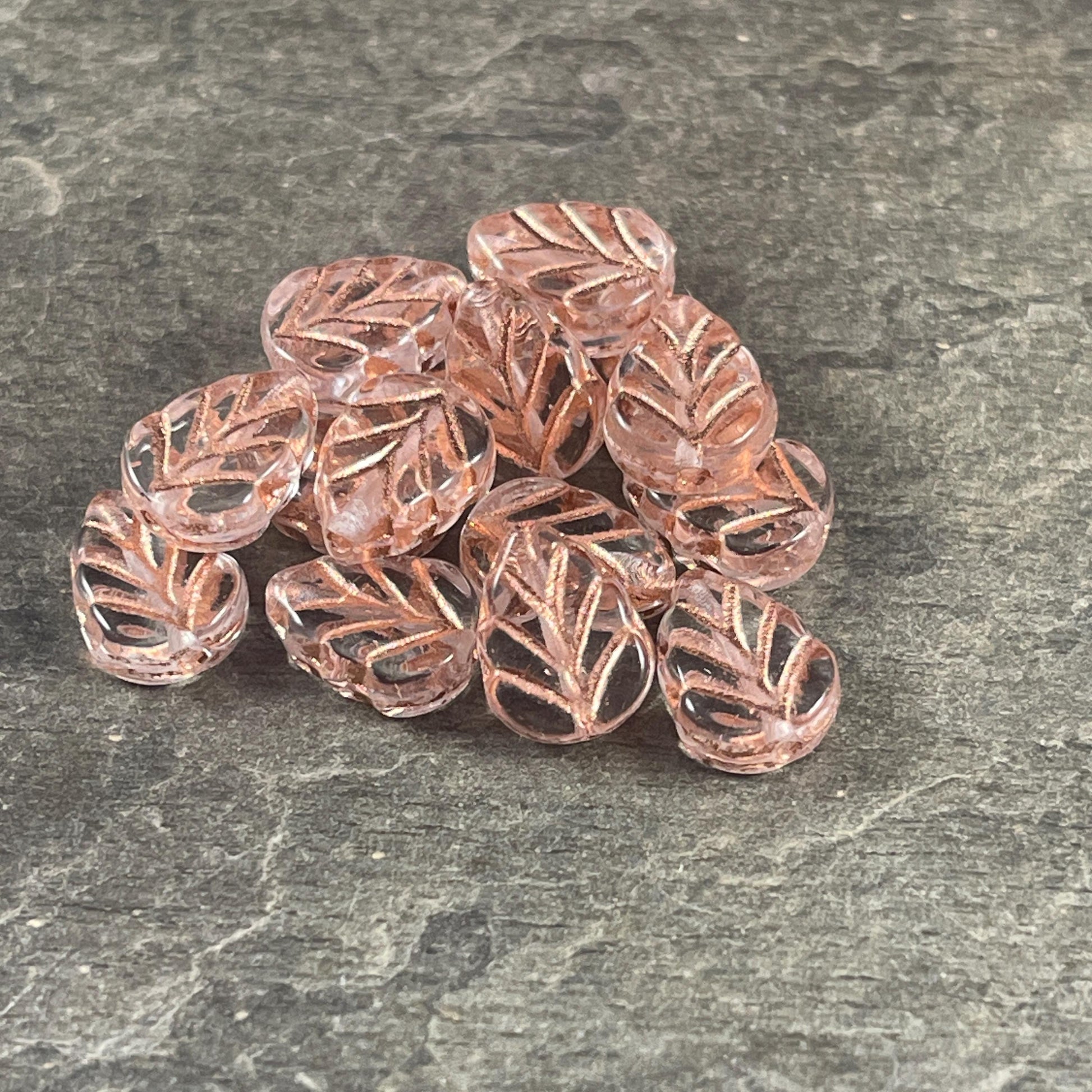 Czech Glass Beads - Transparent Clear Glass Leaf with Copper Wash, Mint Leaf, 10x8mm Birch Leaf (Mint27) * Qty. 16