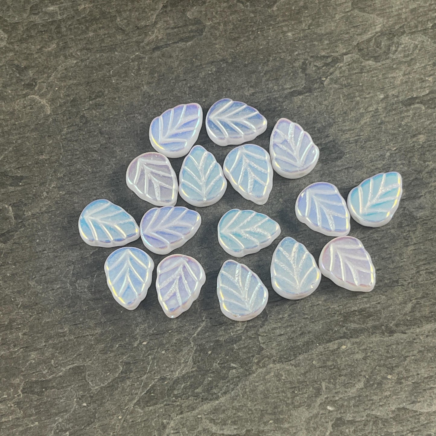 Czech Glass Beads - White Leaf Bead with AB, Wintery Mint Leaf, 10x8mm Birch Leaf (Mint12) * Qty. 16