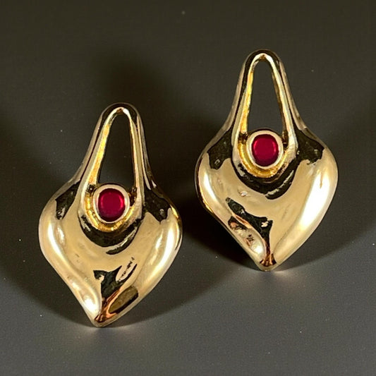 24k Gold Plated Heart Shaped Charm - 24.5x15.5mm Drop with Red Enamel Center (PF/15302-13-560) * Qty. 4