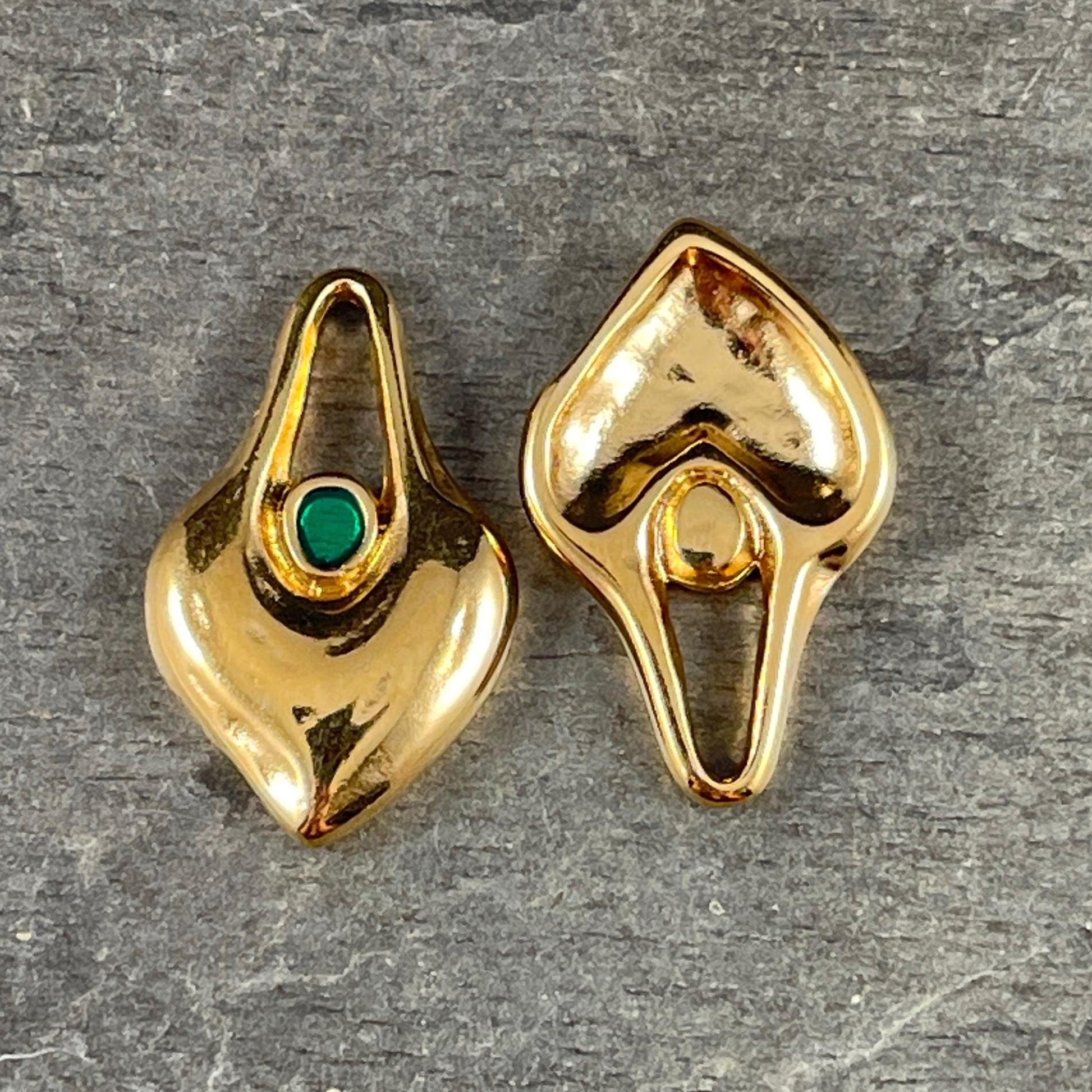 24k Gold Plated Heart Shaped Charm - 24.5x15.5mm Drop with Emerald Green Enamel Center (PF/15302-13-0545) * Qty. 4
