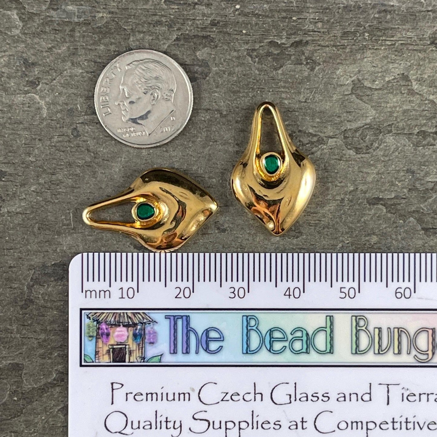 24k Gold Plated Heart Shaped Charm - 24.5x15.5mm Drop with Emerald Green Enamel Center (PF/15302-13-0545) * Qty. 4
