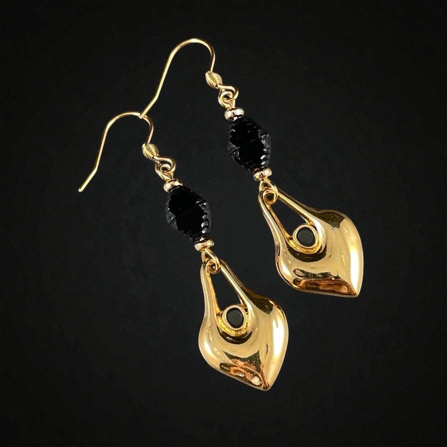 24k Gold Plated Heart Shaped Charm - 24.5x15.5mm Drop with Black Enamel Center (PF/15302-13-0565) * Qty. 4