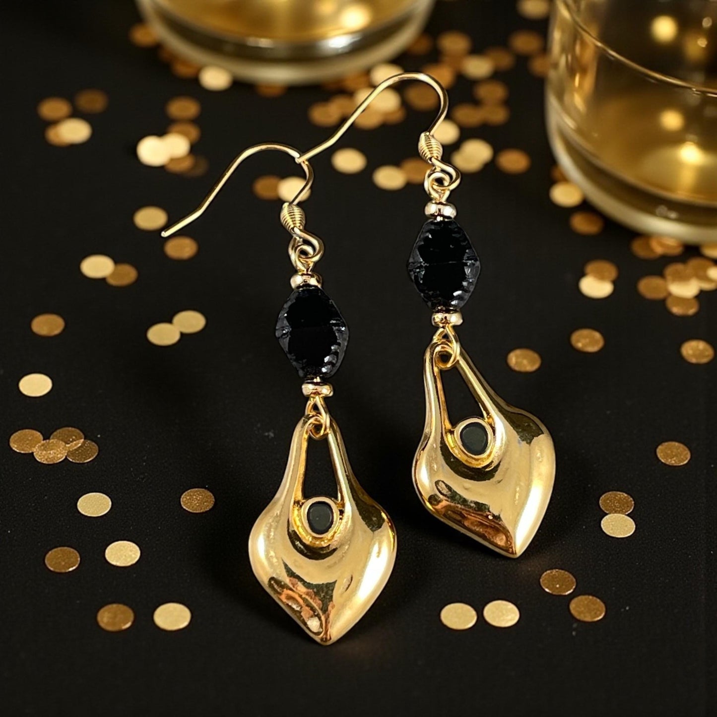 24k Gold Plated Heart Shaped Charm - 24.5x15.5mm Drop with Black Enamel Center (PF/15302-13-0565) * Qty. 4