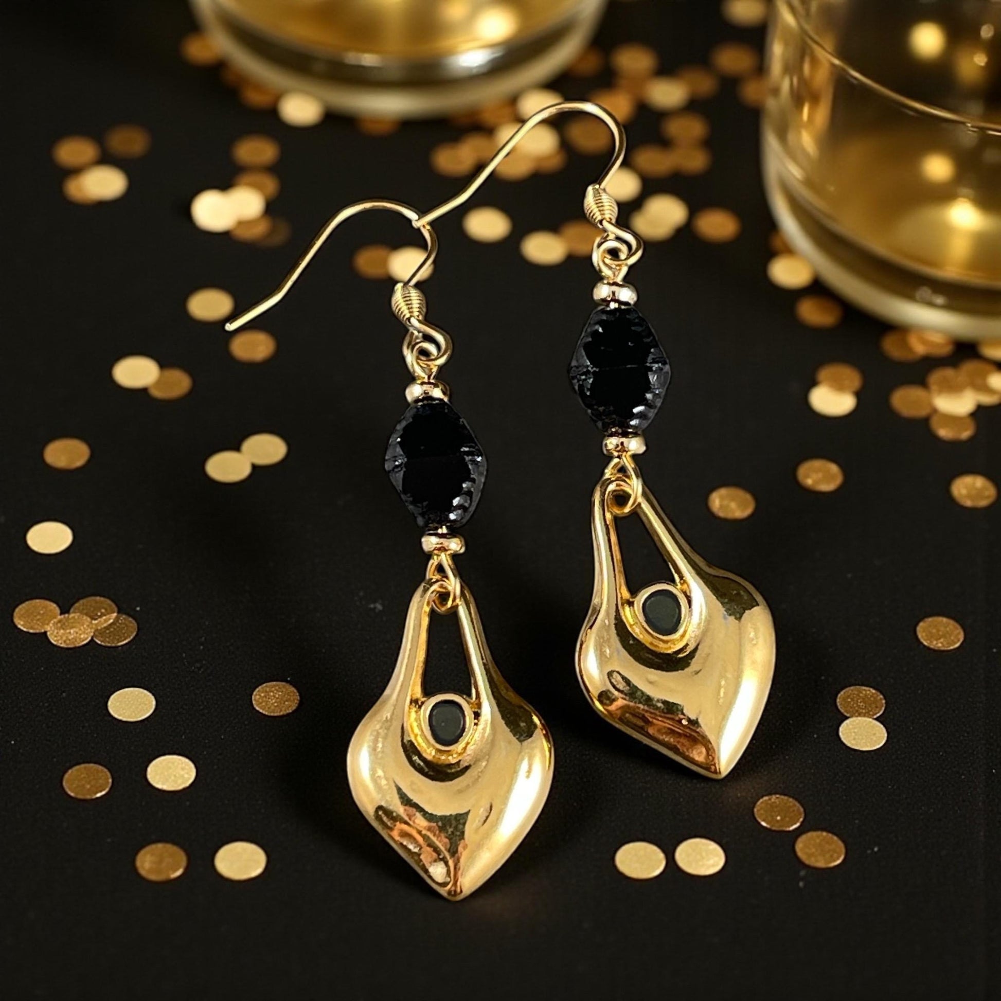 24k Gold Plated Heart Shaped Charm - 24.5x15.5mm Drop with Black Enamel Center (PF/15302-13-0565) * Qty. 4