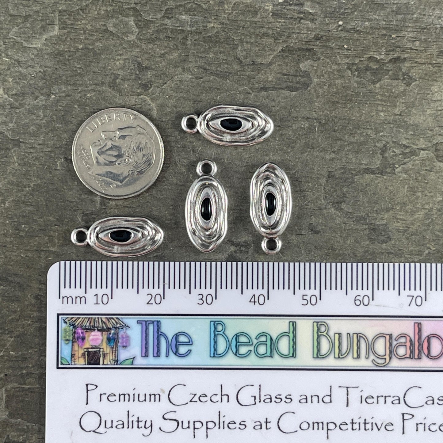 Organic Oval Charm - 18x8mm Oval Drop with Enamel Center, Antiqued Silver and Black Earring Drop (PF/15313-72-0222) * Qty. 4
