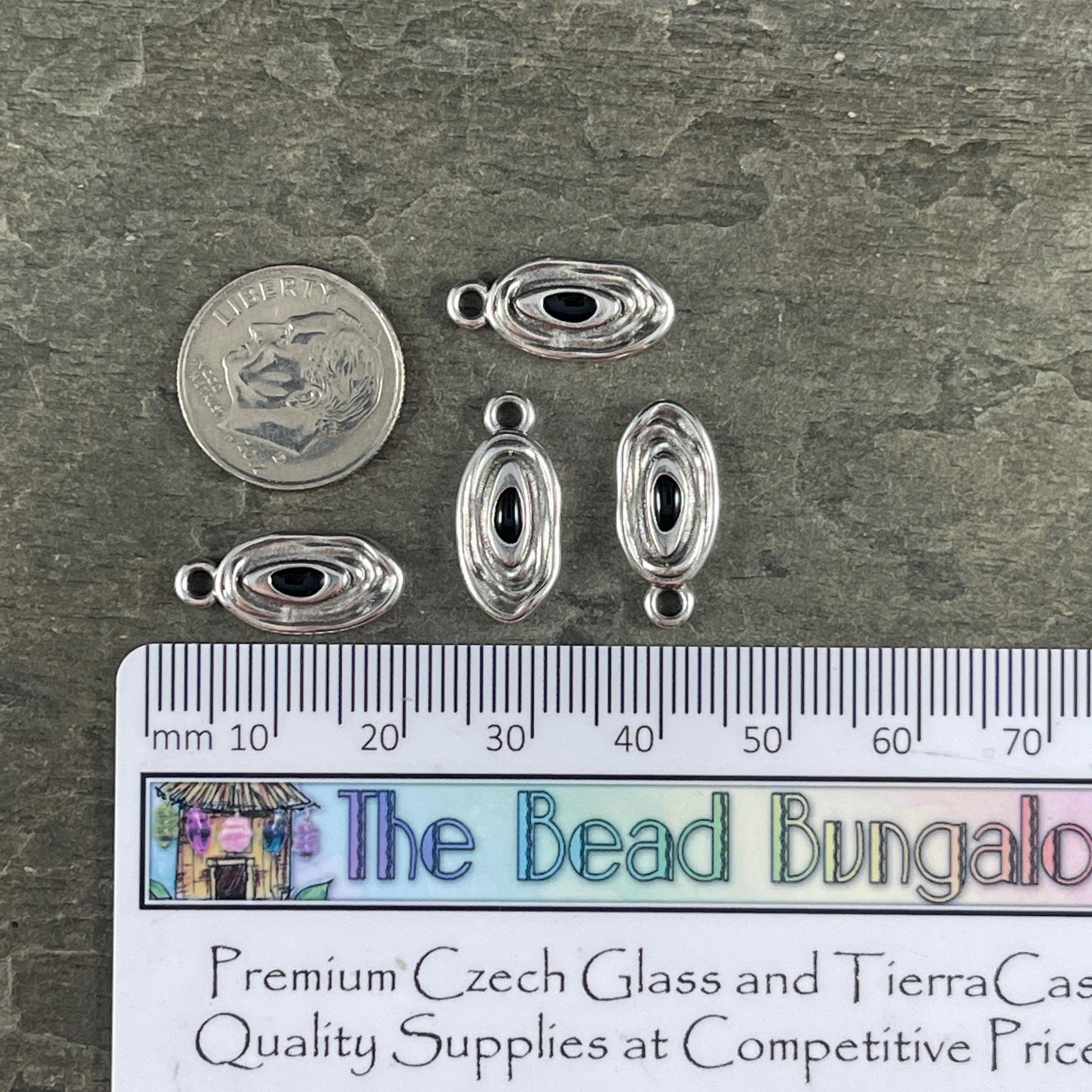 Organic Oval Charm - 18x8mm Oval Drop with Enamel Center, Antiqued Silver and Black Earring Drop (PF/15313-72-0222) * Qty. 4
