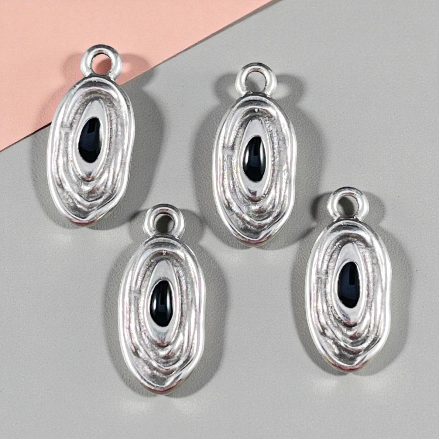 Organic Oval Charm - 18x8mm Oval Drop with Enamel Center, Antiqued Silver and Black Earring Drop (PF/15313-72-0222) * Qty. 4