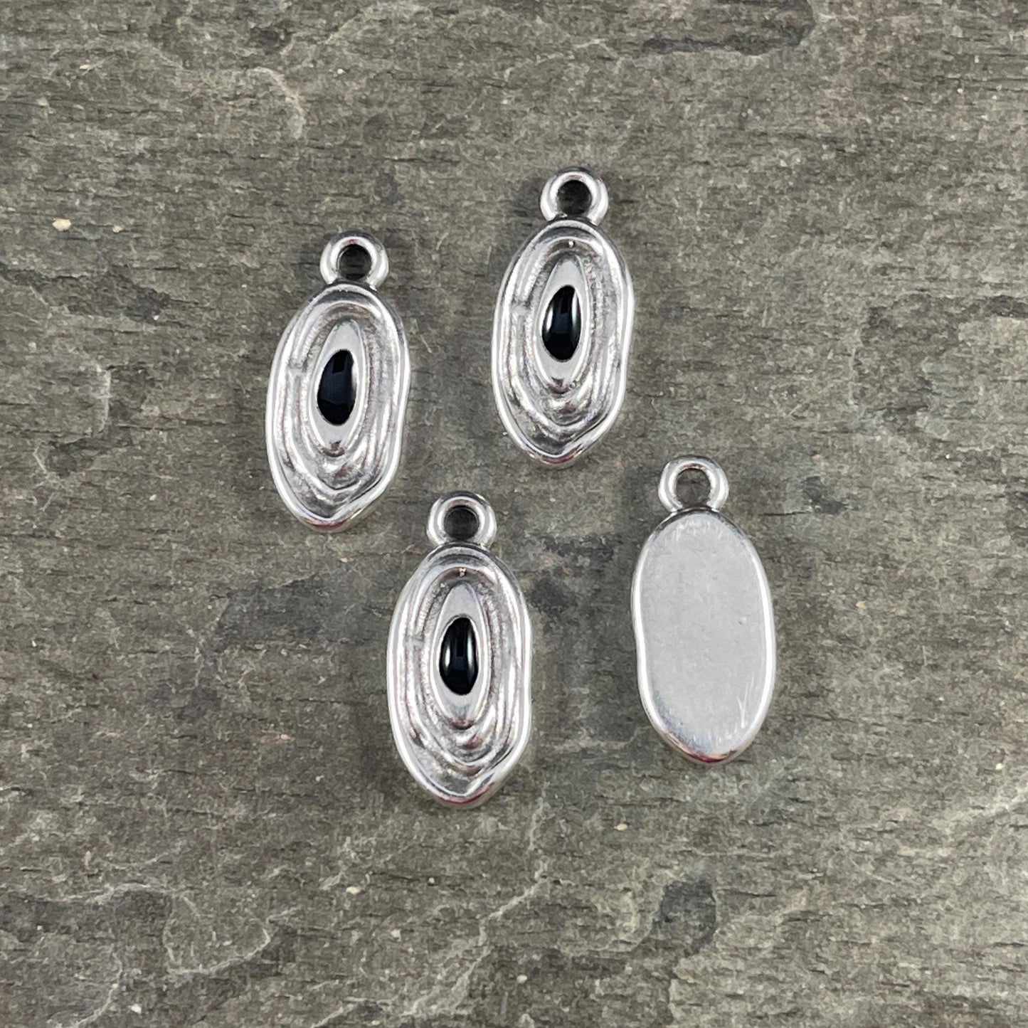 Organic Oval Charm - 18x8mm Oval Drop with Enamel Center, Antiqued Silver and Black Earring Drop (PF/15313-72-0222) * Qty. 4