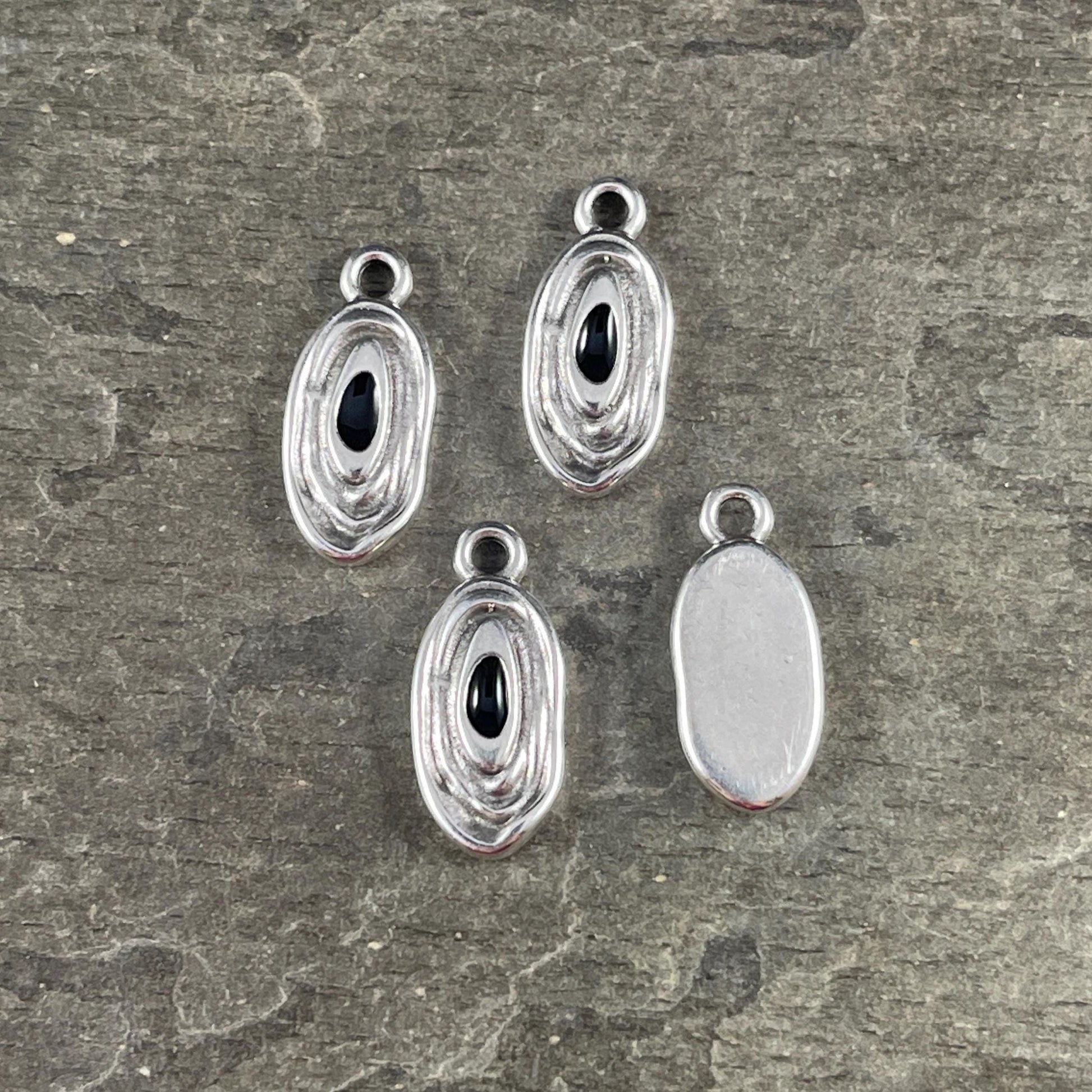 Organic Oval Charm - 18x8mm Oval Drop with Enamel Center, Antiqued Silver and Black Earring Drop (PF/15313-72-0222) * Qty. 4