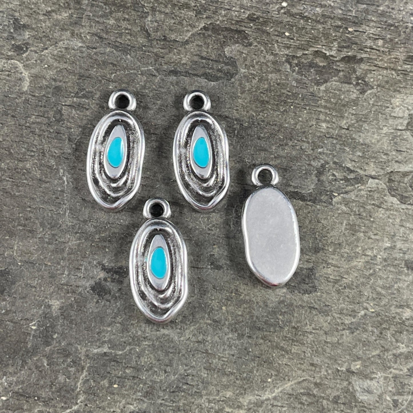 Organic Oval Charm - 18x8mm Oval Drop with Enamel Center, Antiqued Silver and Turquoise Earring Drop (PF/15313-72-0299) * Qty. 4