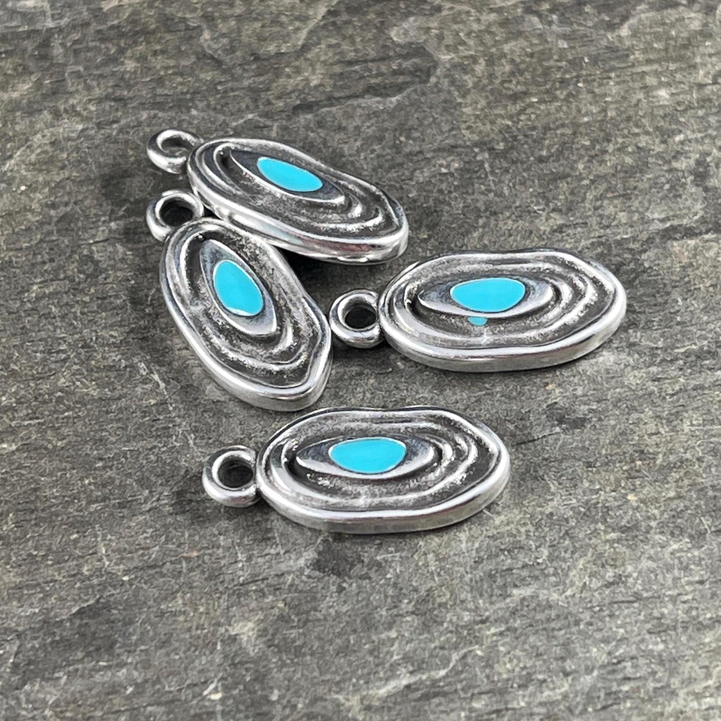 Organic Oval Charm - 18x8mm Oval Drop with Enamel Center, Antiqued Silver and Turquoise Earring Drop (PF/15313-72-0299) * Qty. 4