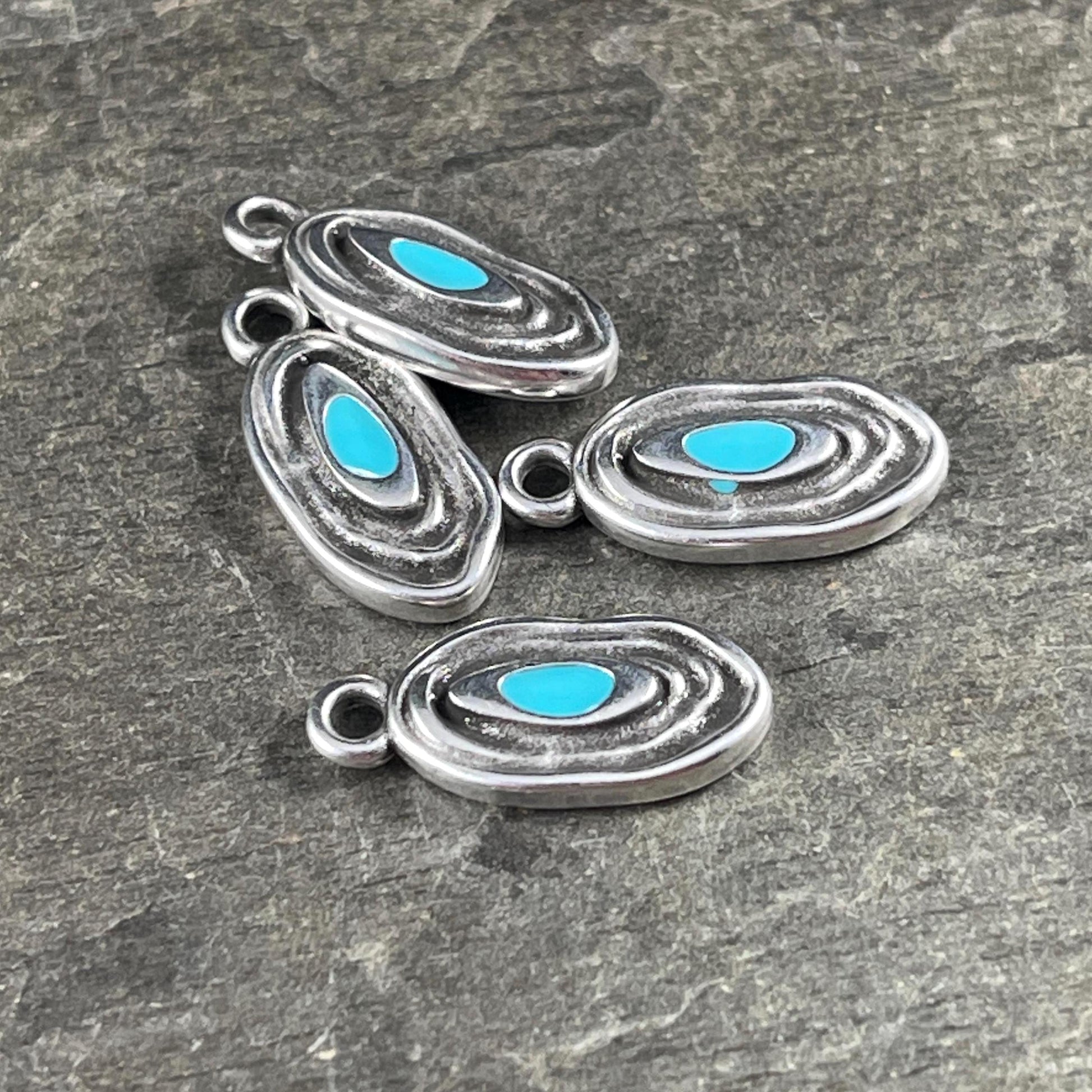 Organic Oval Charm - 18x8mm Oval Drop with Enamel Center, Antiqued Silver and Turquoise Earring Drop (PF/15313-72-0299) * Qty. 4