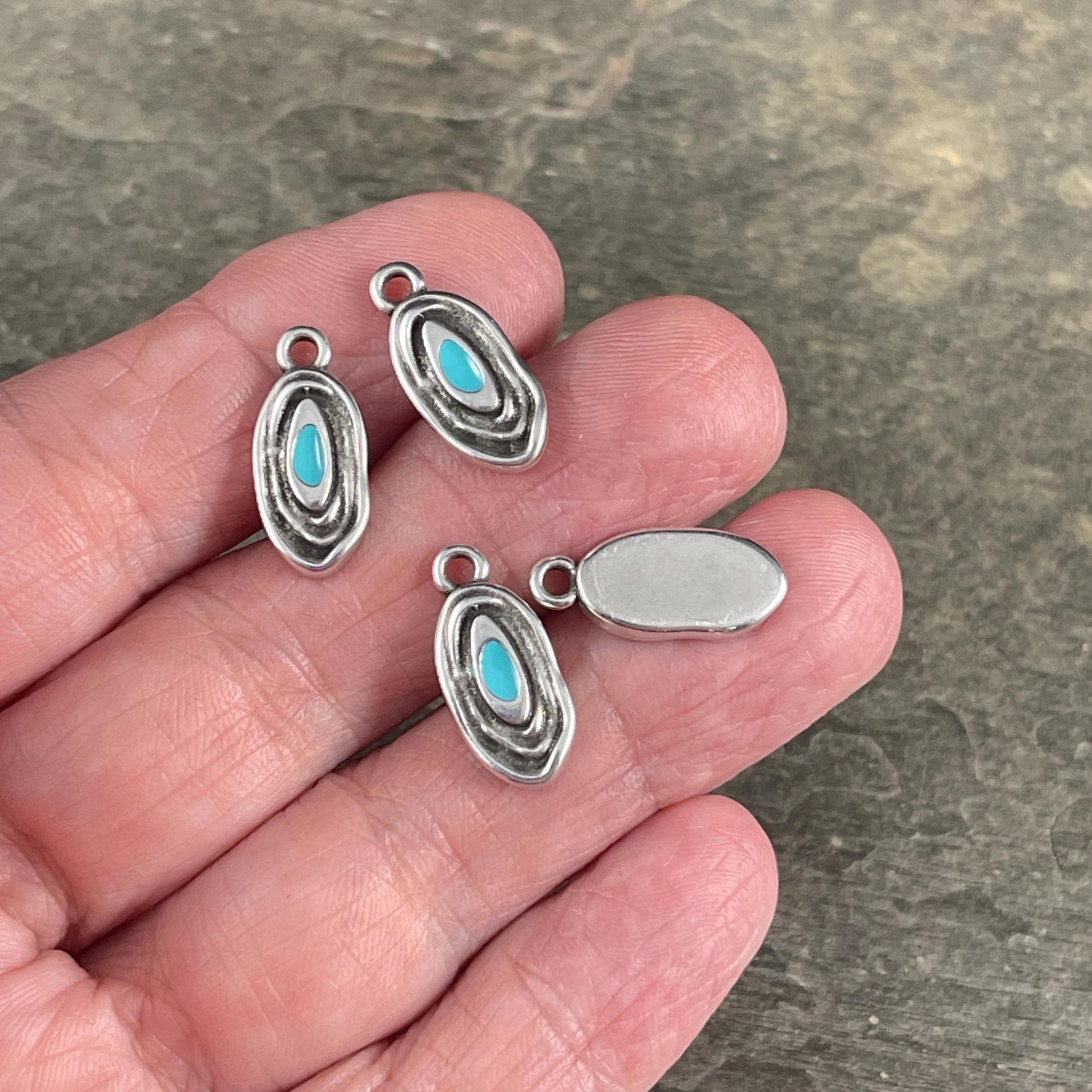 Organic Oval Charm - 18x8mm Oval Drop with Enamel Center, Antiqued Silver and Turquoise Earring Drop (PF/15313-72-0299) * Qty. 4