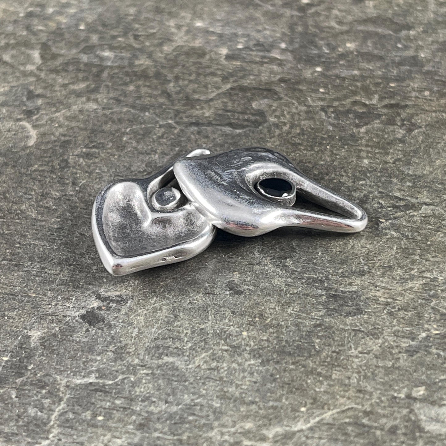 Antiqued Silver Heart Shaped Charm - 25.5x15.5mm Drop with Black Enamel Center (PF/15302-72-9222) * Qty. 4