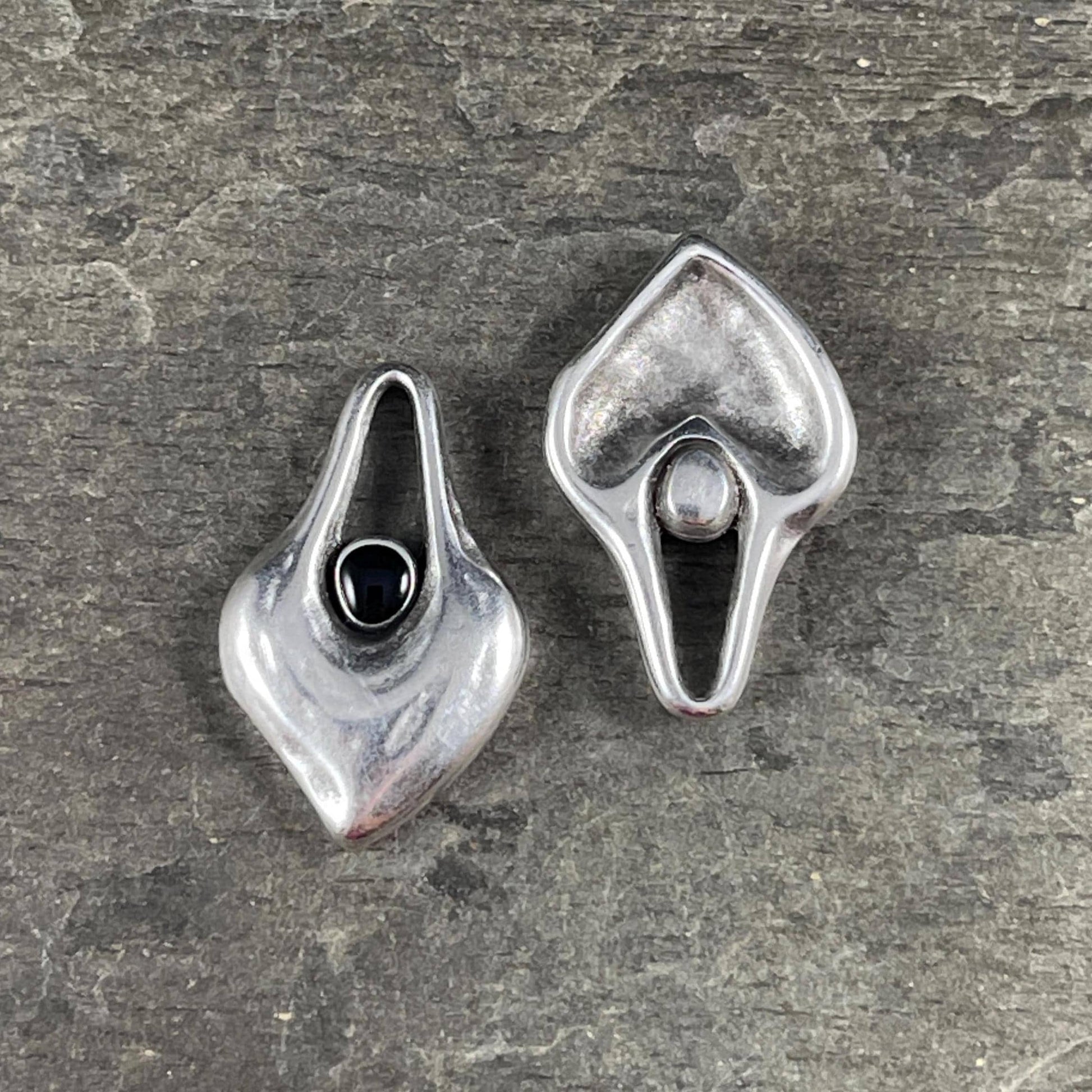 Antiqued Silver Heart Shaped Charm - 25.5x15.5mm Drop with Black Enamel Center (PF/15302-72-9222) * Qty. 4
