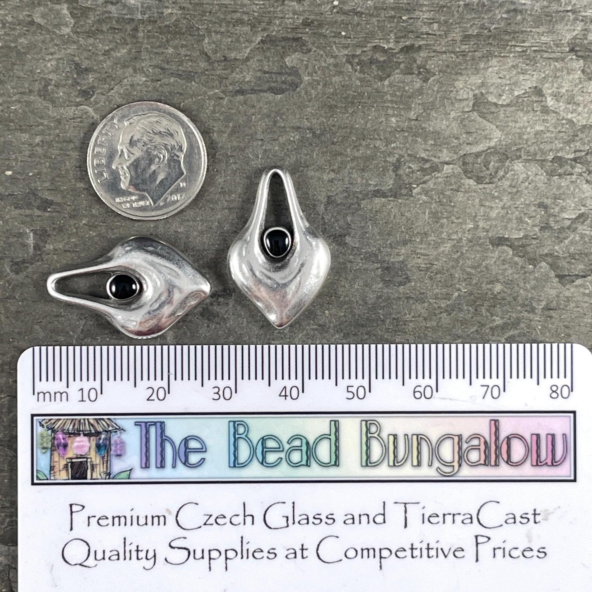Antiqued Silver Heart Shaped Charm - 25.5x15.5mm Drop with Black Enamel Center (PF/15302-72-9222) * Qty. 4
