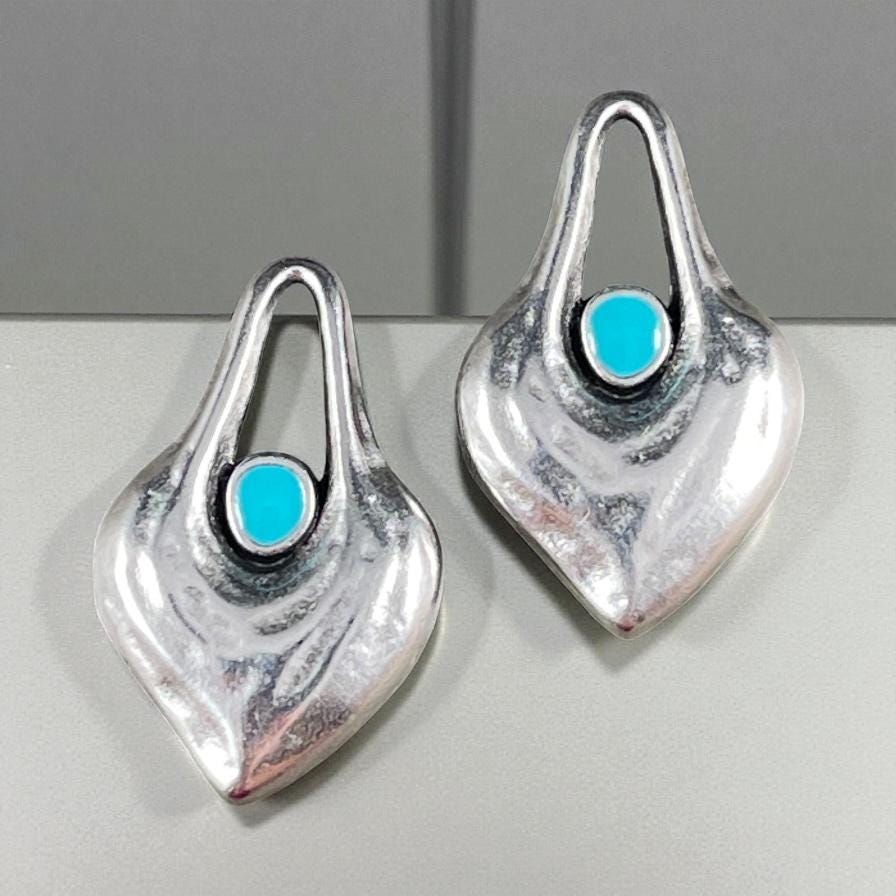 Antiqued Silver Heart Shaped Charm - 25.5x15.5mm Drop with Blue Enamel Center (PF/15302-72-9299) * Qty. 4