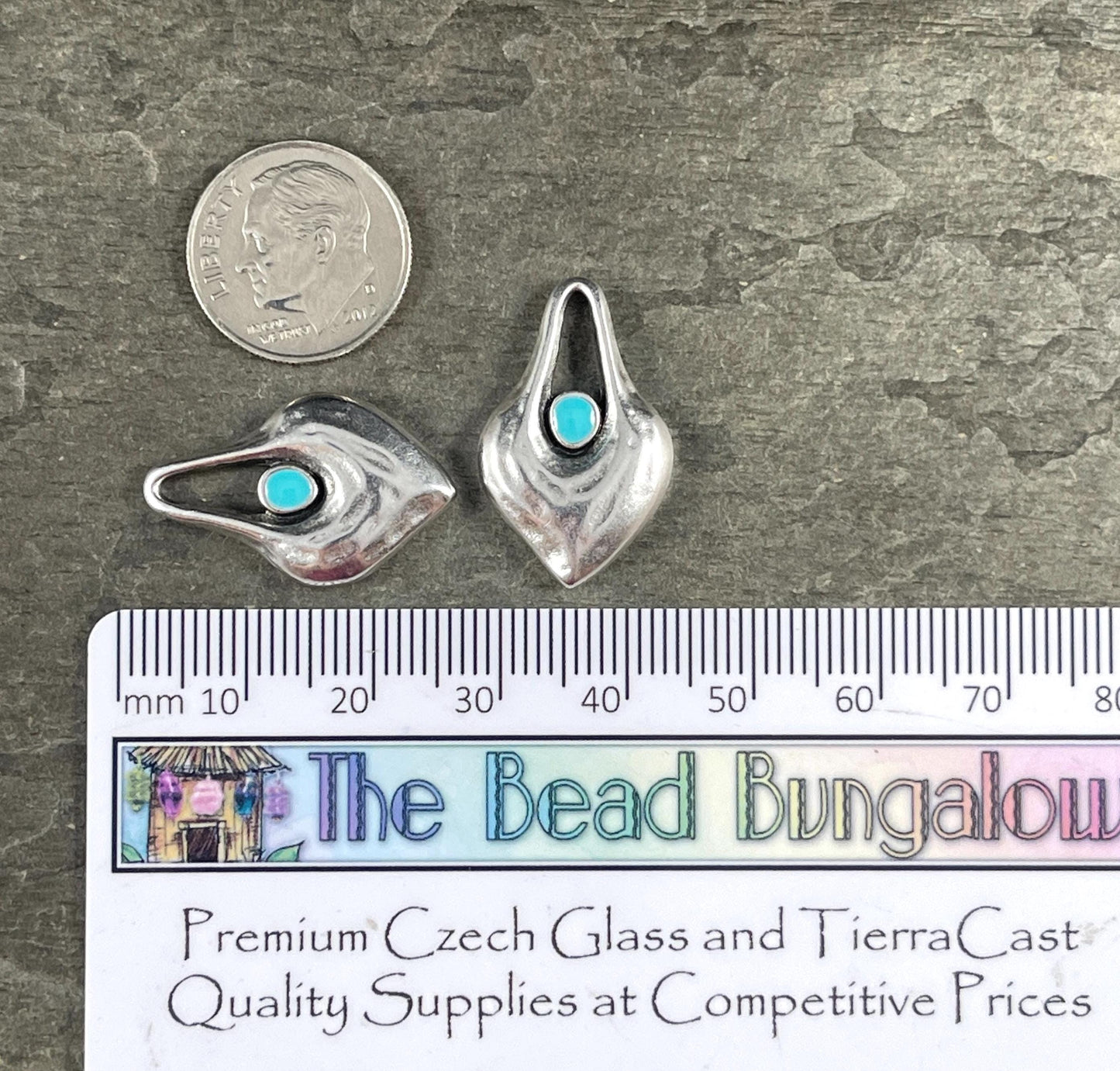 Antiqued Silver Heart Shaped Charm - 25.5x15.5mm Drop with Blue Enamel Center (PF/15302-72-9299) * Qty. 4