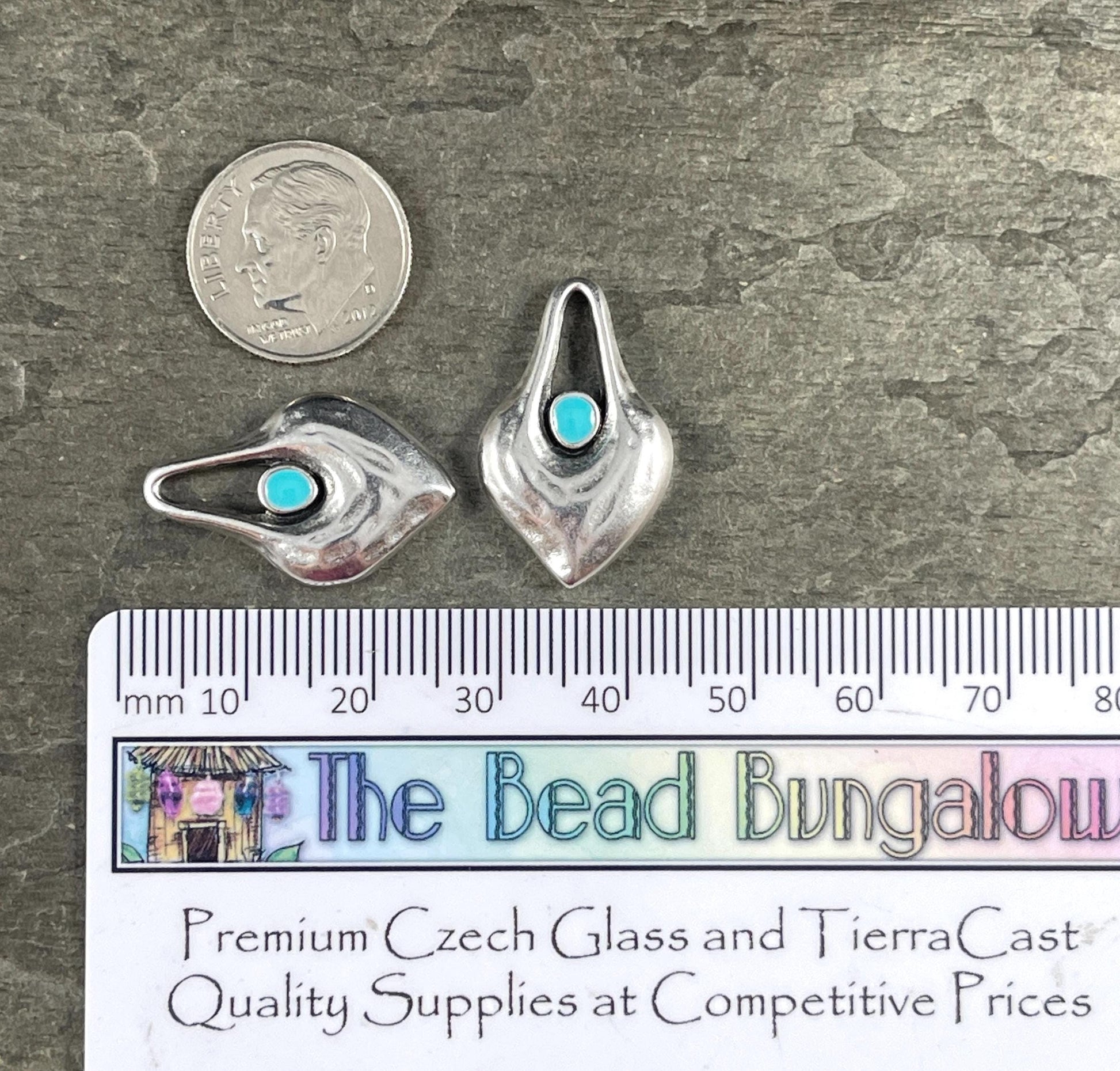 Antiqued Silver Heart Shaped Charm - 25.5x15.5mm Drop with Blue Enamel Center (PF/15302-72-9299) * Qty. 4