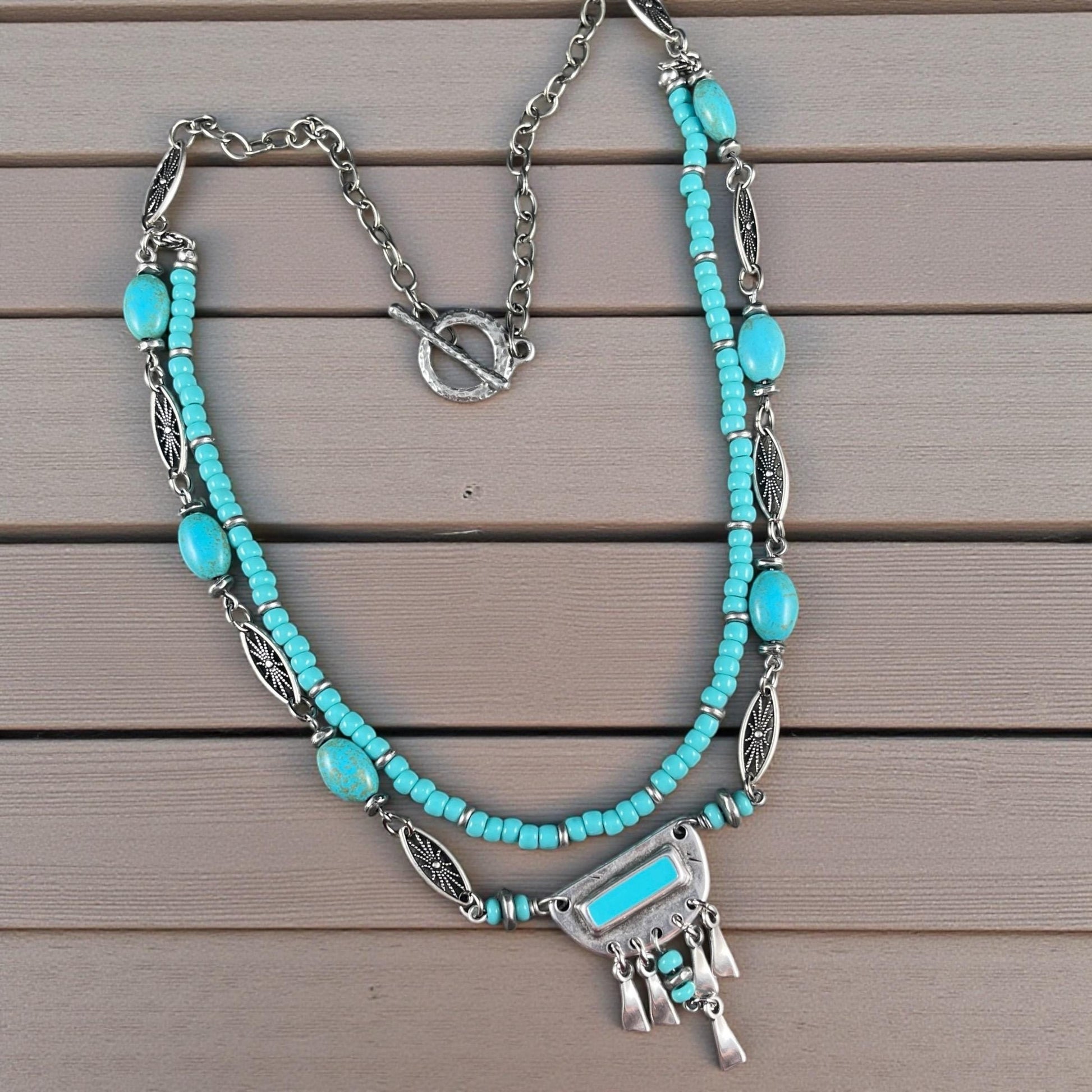 Turquoise Blue and Silver Chandelier Pendant, Antiqued Silver Plated Connector with Sky Blue Enamel Inlay (PF/15295-72-0299) * Qty. 2