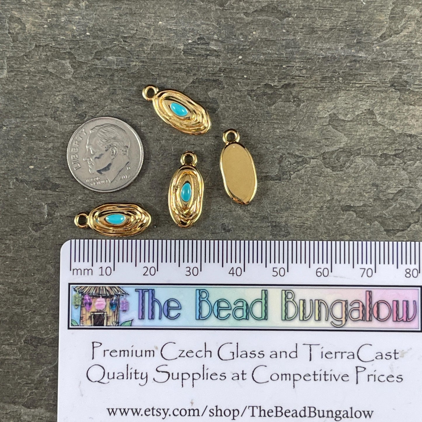 24k Gold Plated 18x8mm Oval Charm with Blue Enamel Center (PF/15313-13-0299) * Qty. 4