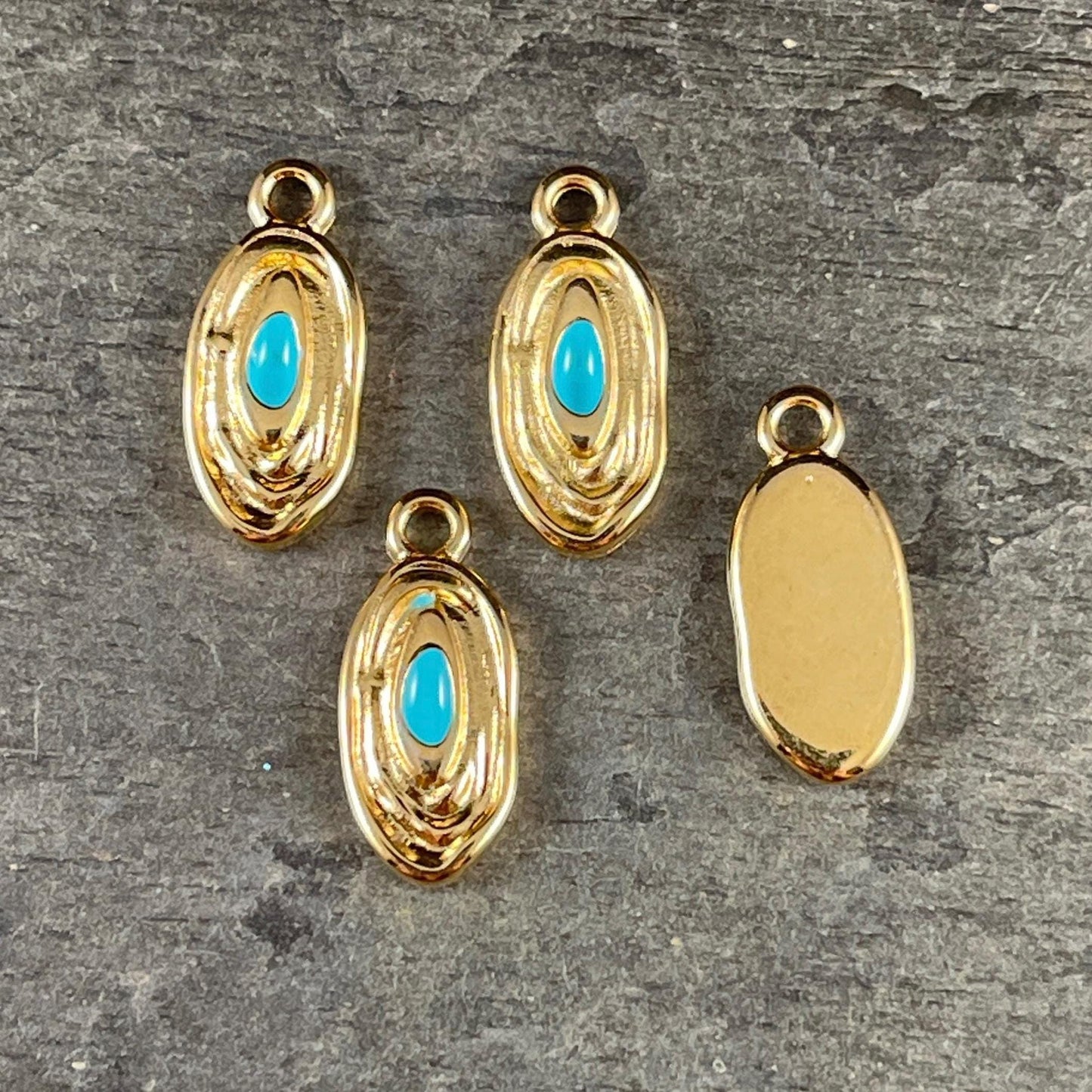 24k Gold Plated 18x8mm Oval Charm with Blue Enamel Center (PF/15313-13-0299) * Qty. 4
