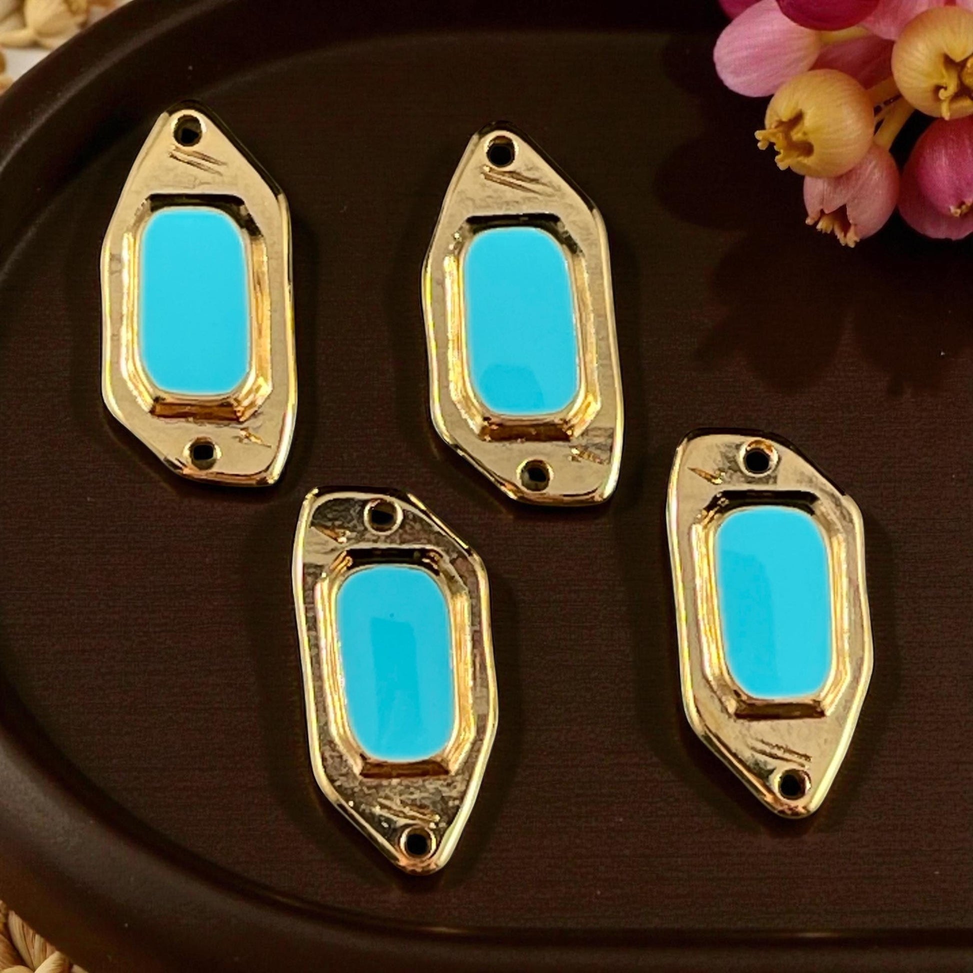 24k Gold Plated Polygon Link with Turquoise Blue Enamel (PF/15296-13-0299) * Qty. 2