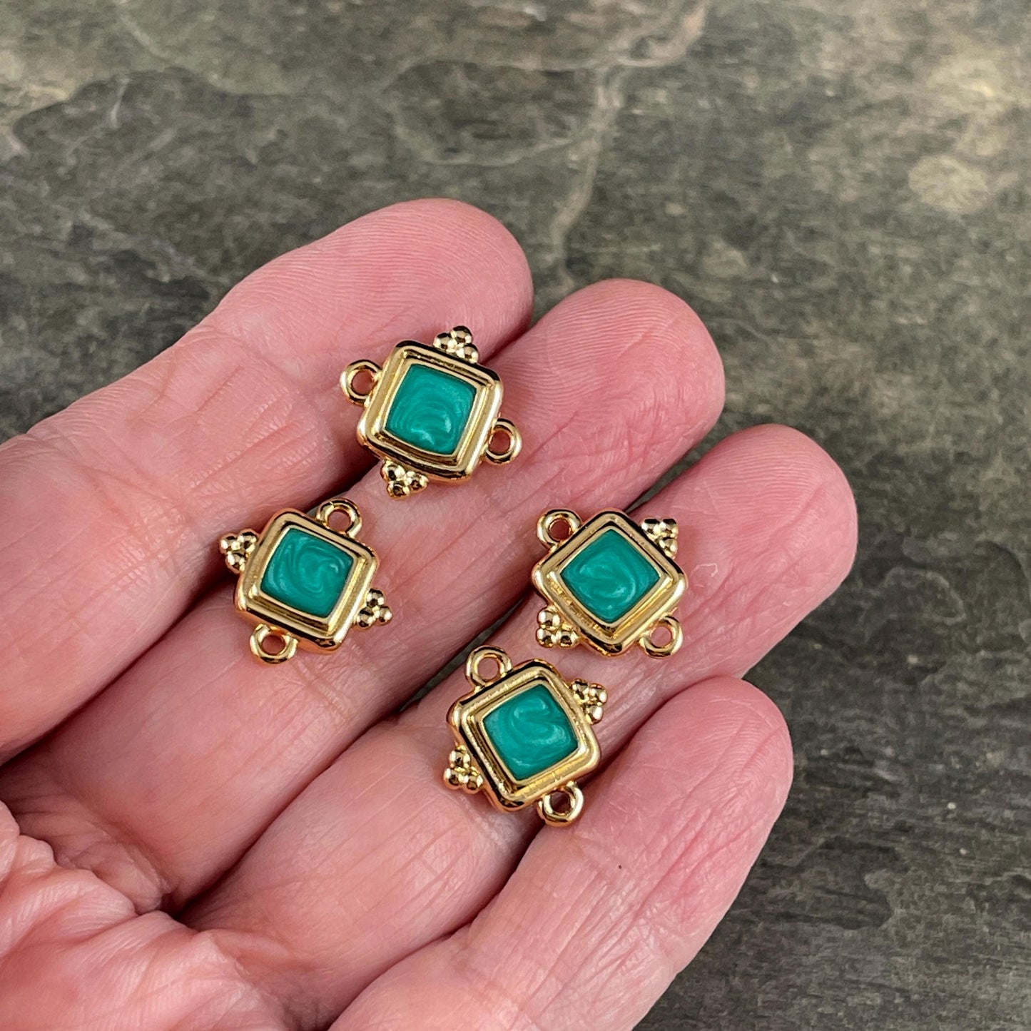 24k Gold Plated 15mm Square Link with Green Pearl Enamel Inlay (PF/14239-13-0815) * Qty. 6