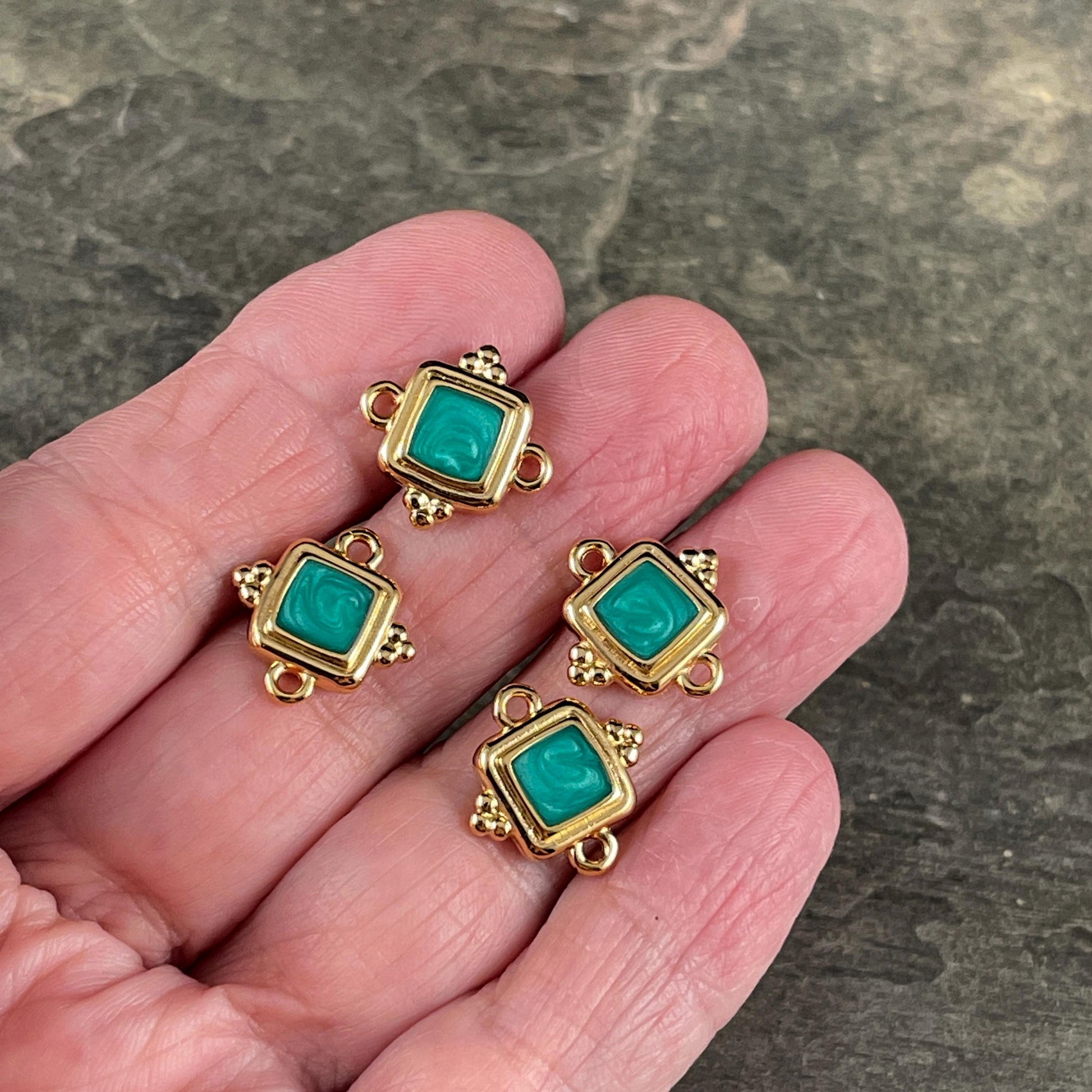 24k Gold Plated 15mm Square Link with Green Pearl Enamel Inlay (PF/14239-13-0815) * Qty. 6