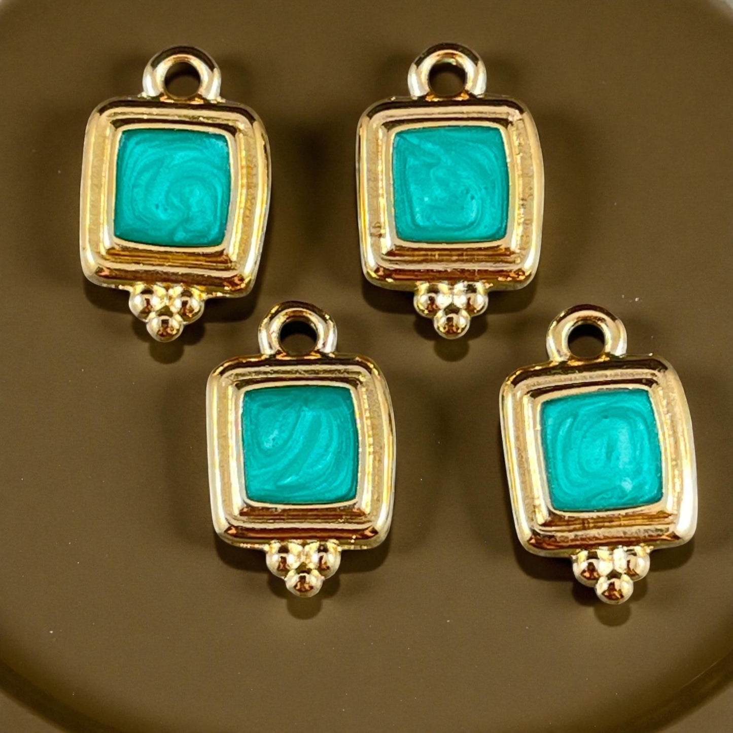 24k Gold Plated 15mm Square Charm with Green Pearl Enamel Inlay (PF/14241-13-0815) * Qty. 6