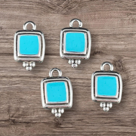 Antiqued Silver Plated 15mm Square Charm with Turquoise Blue Enamel Inlay (PF/14241-72-0299) * Qty. 6