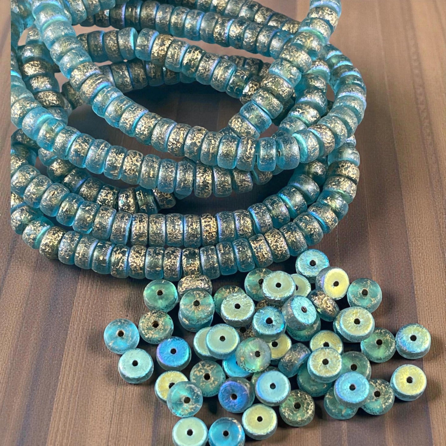 Czech Glass Beads, 6mm Heishi, Etched Aqua Blue with AB and Gold Wash (HSH/N-1939) * 50 Beads