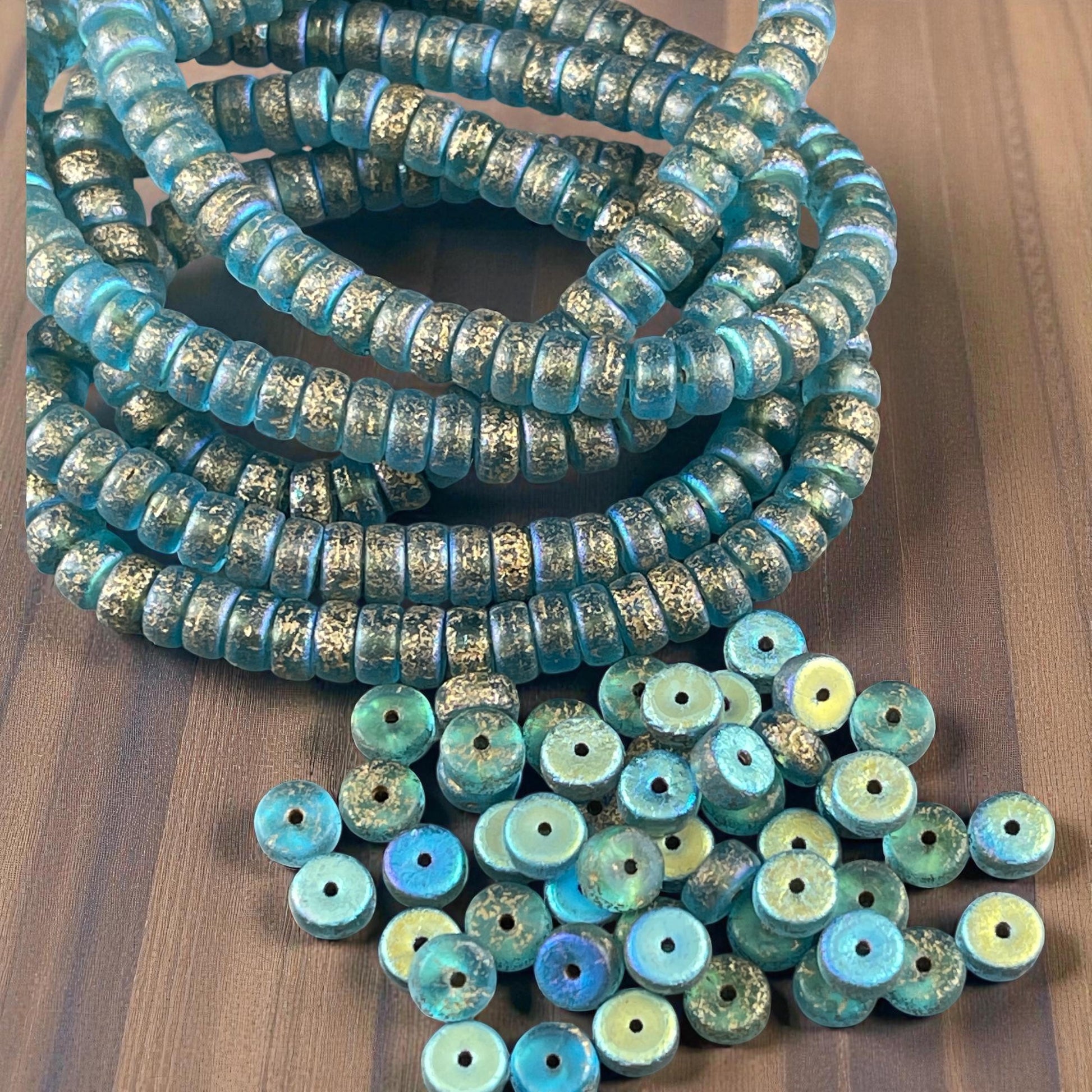 Czech Glass Beads, 6mm Heishi, Etched Aqua Blue with AB and Gold Wash (HSH/N-1939) * 50 Beads