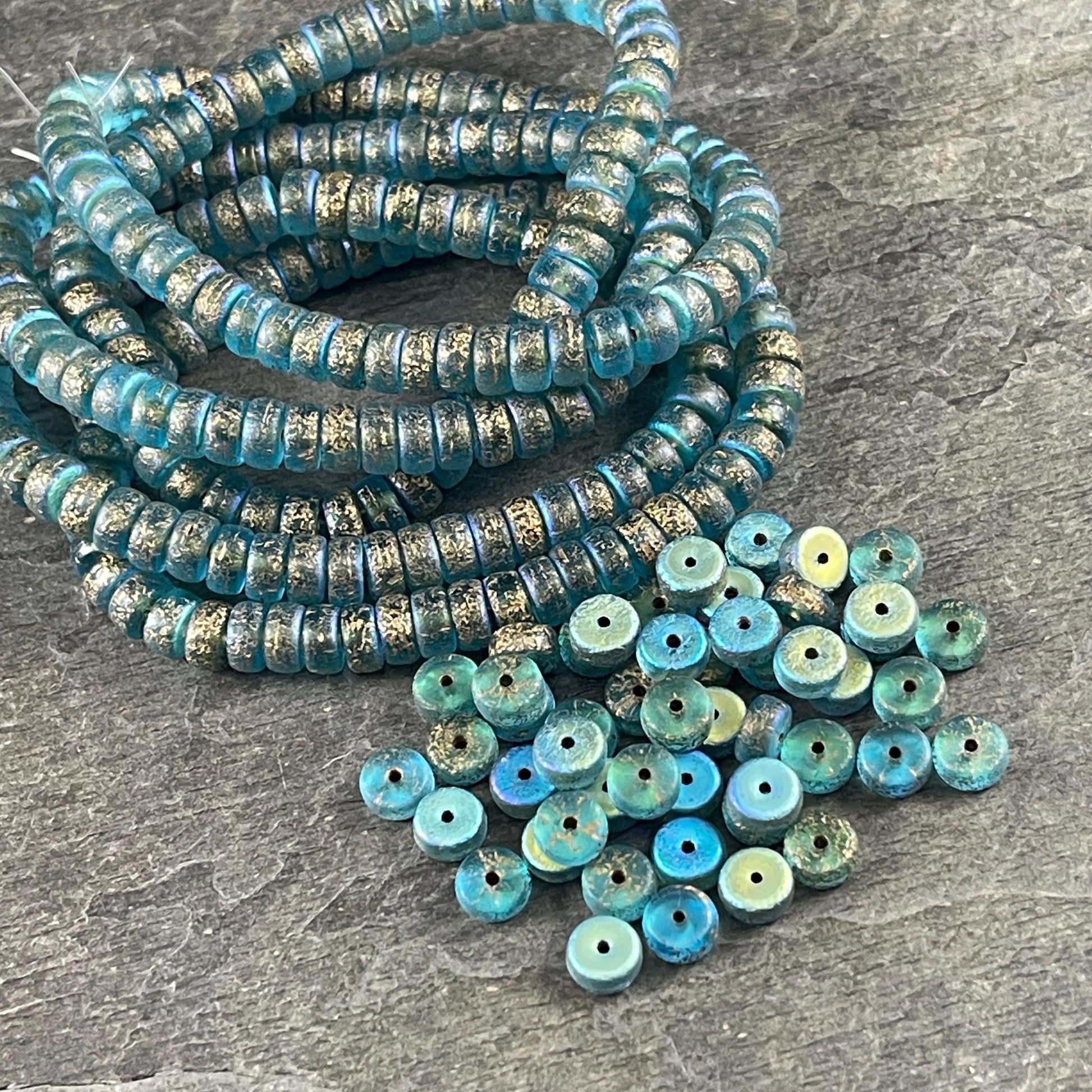 Czech Glass Beads, 6mm Heishi, Etched Aqua Blue with AB and Gold Wash (HSH/N-1939) * 50 Beads