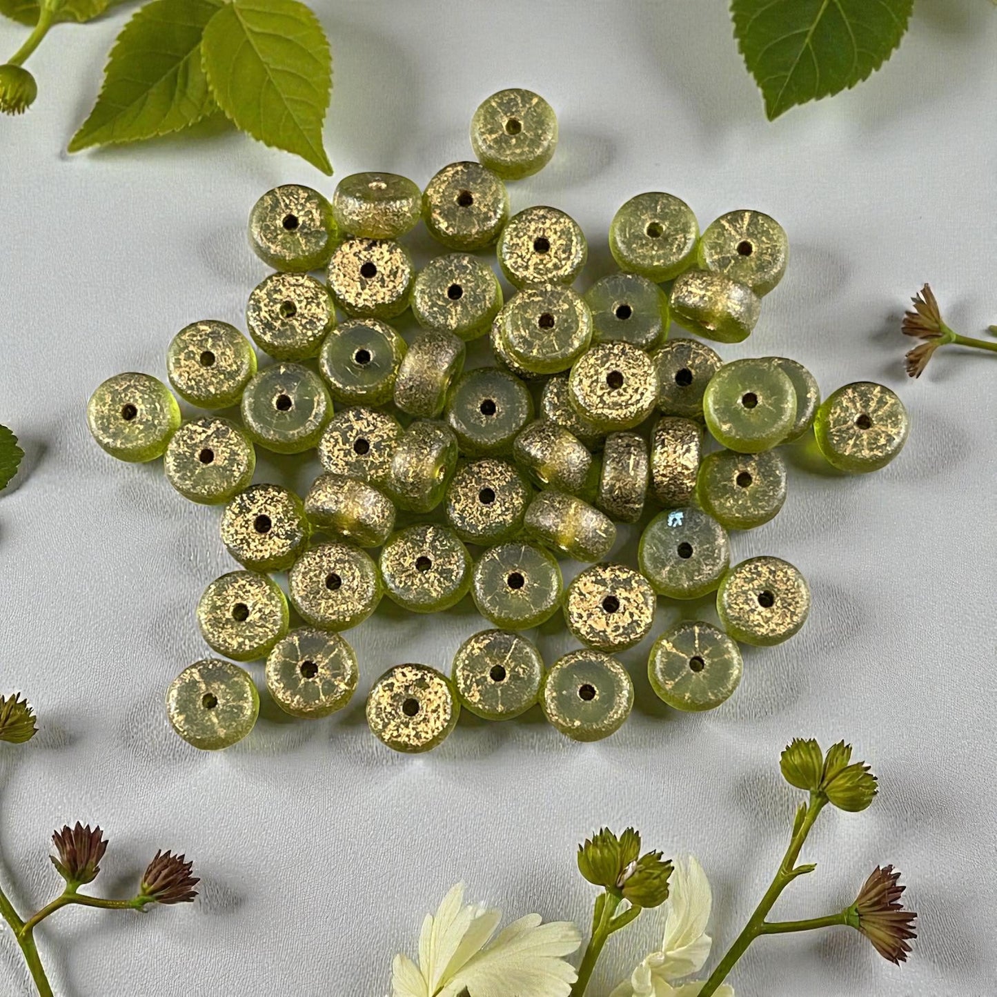 Czech Glass Beads, 6mm Heishi, Etched Peridot Green with Gold Wash (HSH/N-1935) * 50 Beads