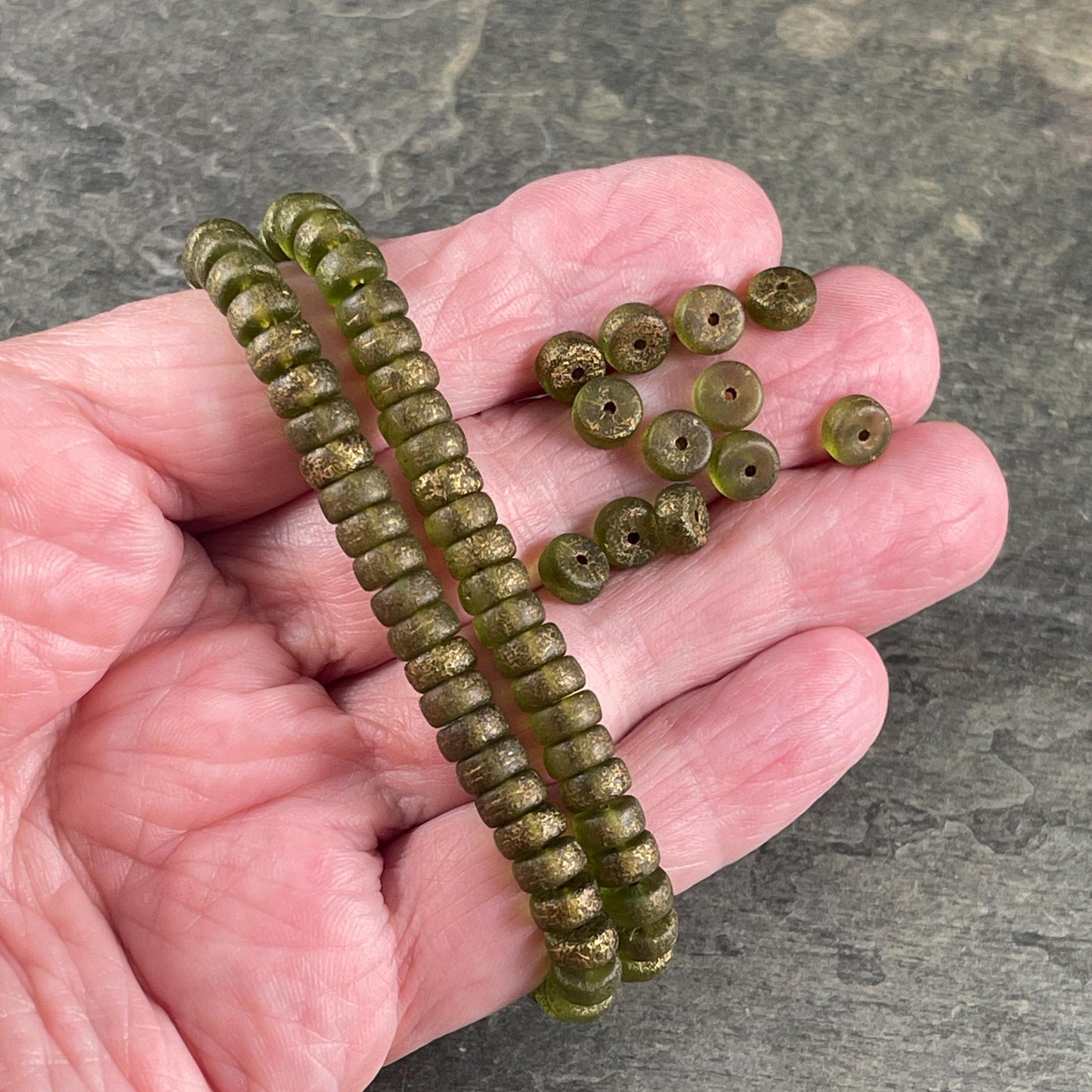 Czech Glass Beads, 6mm Heishi, Etched Peridot Green with Gold Wash (HSH/N-1935) * 50 Beads