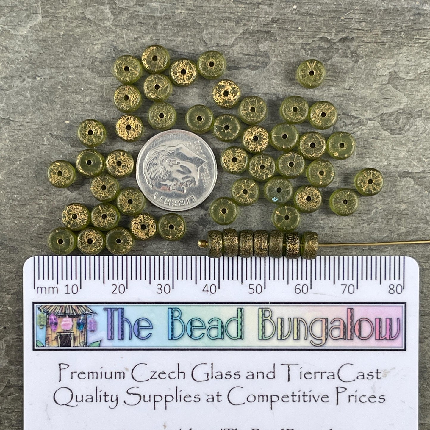 Czech Glass Beads, 6mm Heishi, Etched Peridot Green with Gold Wash (HSH/N-1935) * 50 Beads